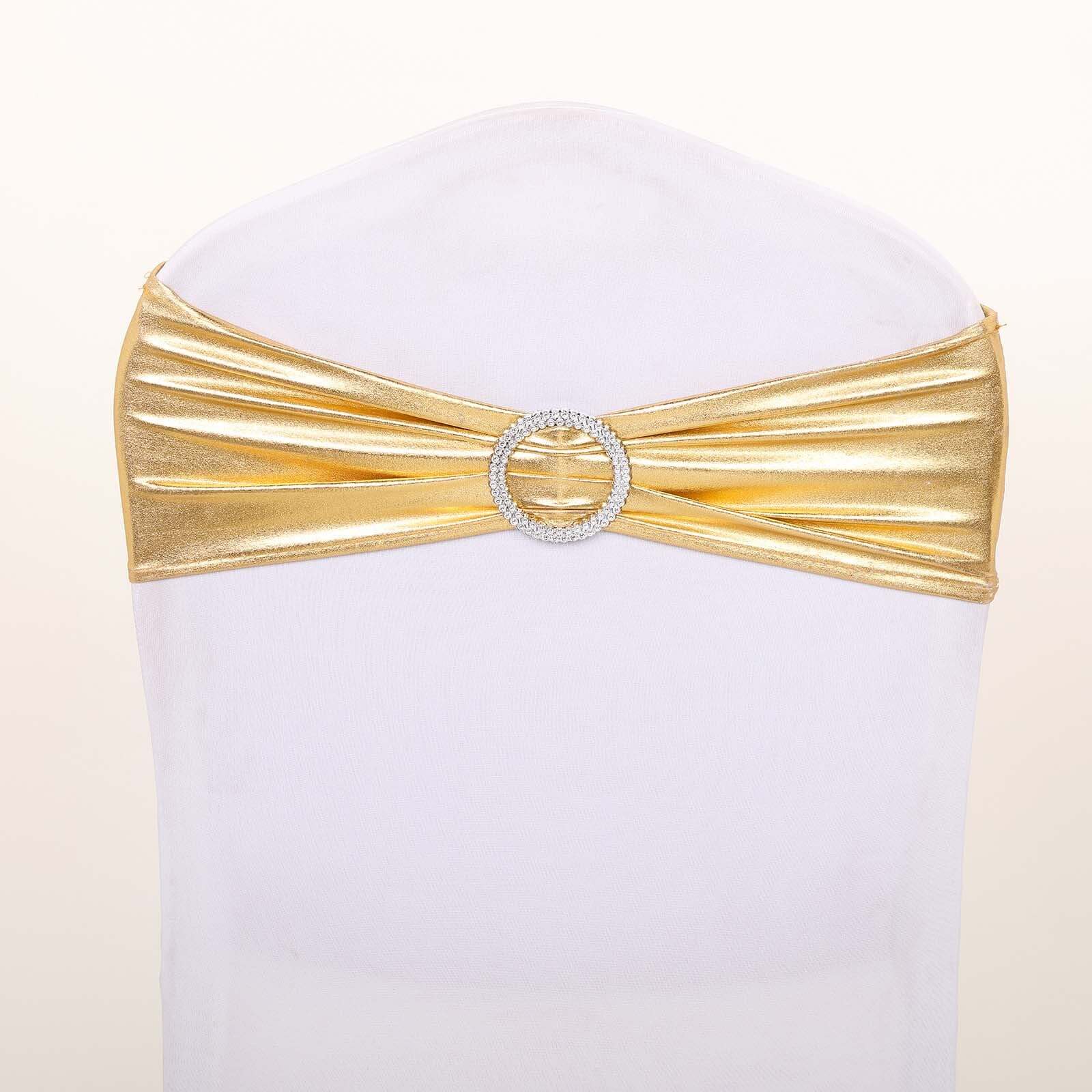 5 Pack Metallic Spandex Chair Sashes Gold - Stretch Fit Chair Bands With Round Diamond Buckles for Glamorous Event Decor