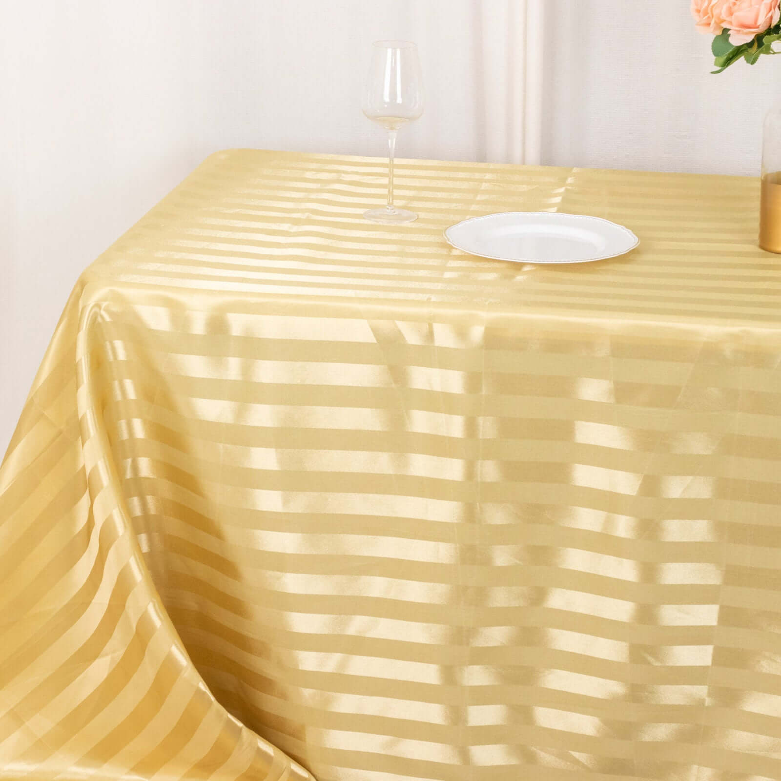 Satin Striped 90"x132" Rectangular Tablecloth Champagne Satin Stripe - Seamless Silky Smooth Table Cover