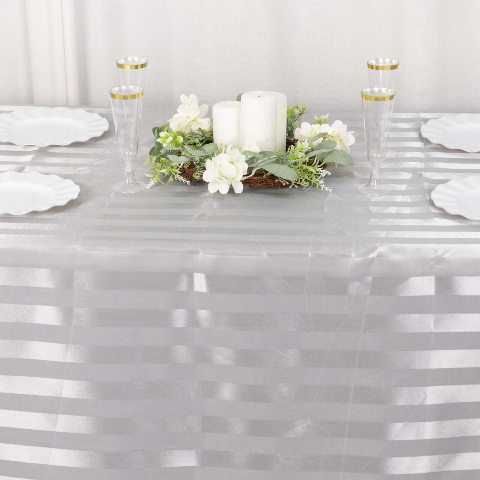 Satin Striped 90"x132" Rectangular Tablecloth Silver Satin Stripe - Seamless Silky Smooth Table Cover