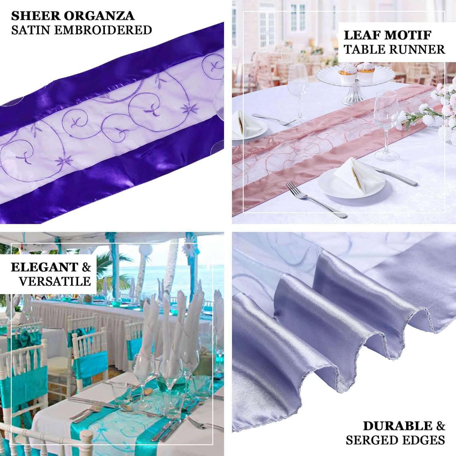 Satin Organza 14"x108" Table Runner Royal Blue Embroidered Design - Sheer & Stylish for Luxurious Table Settings
