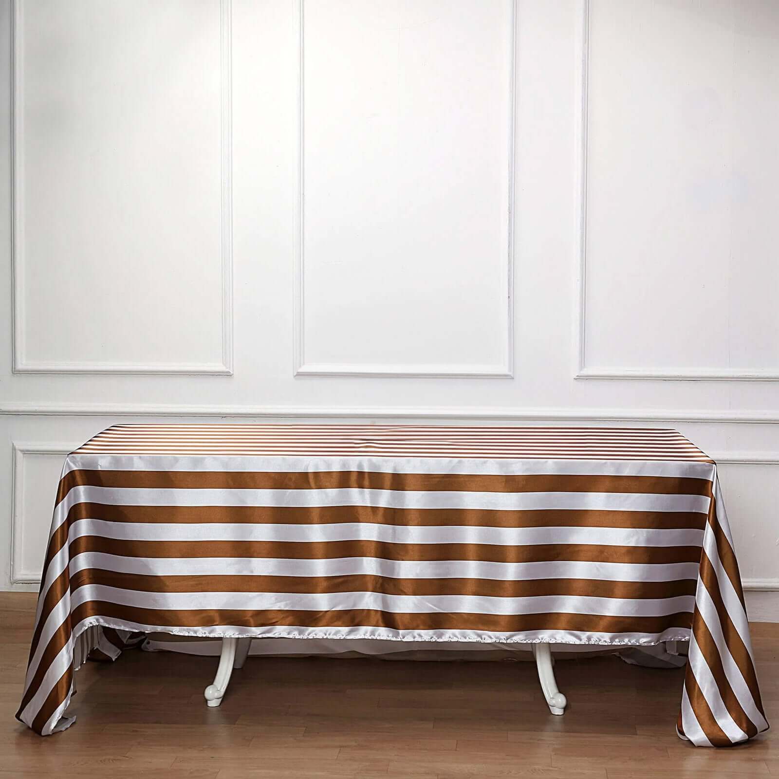 Satin 90"x156" Rectangle Tablecloth Gold/White - Stripe Design with Seamless Finish Table Cover