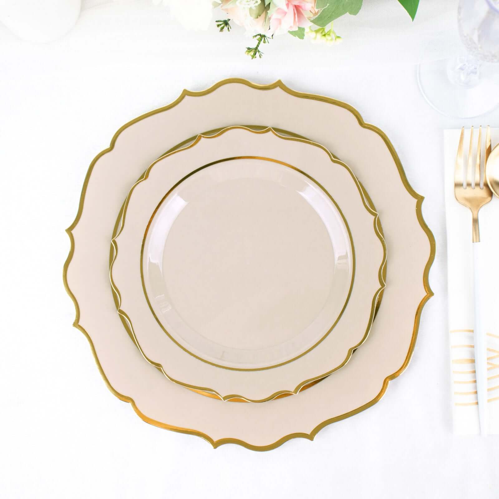 10-Pack Plastic 8" Round Desert Plates in Taupe with Gold Scalloped Rim - Disposable Appetizer/Salad Plates