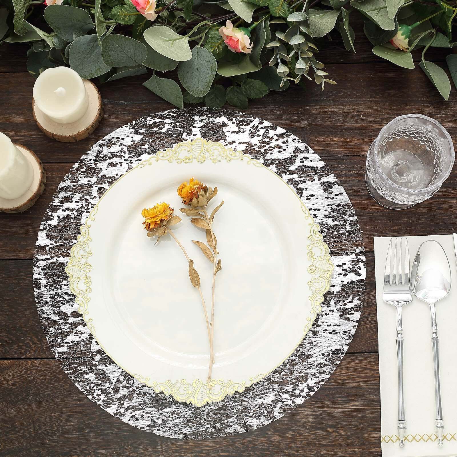 10-Pack Table Placemats Foil Design Metallic Silver Round - Mesh Disposable Shiny Dining Mats 13"