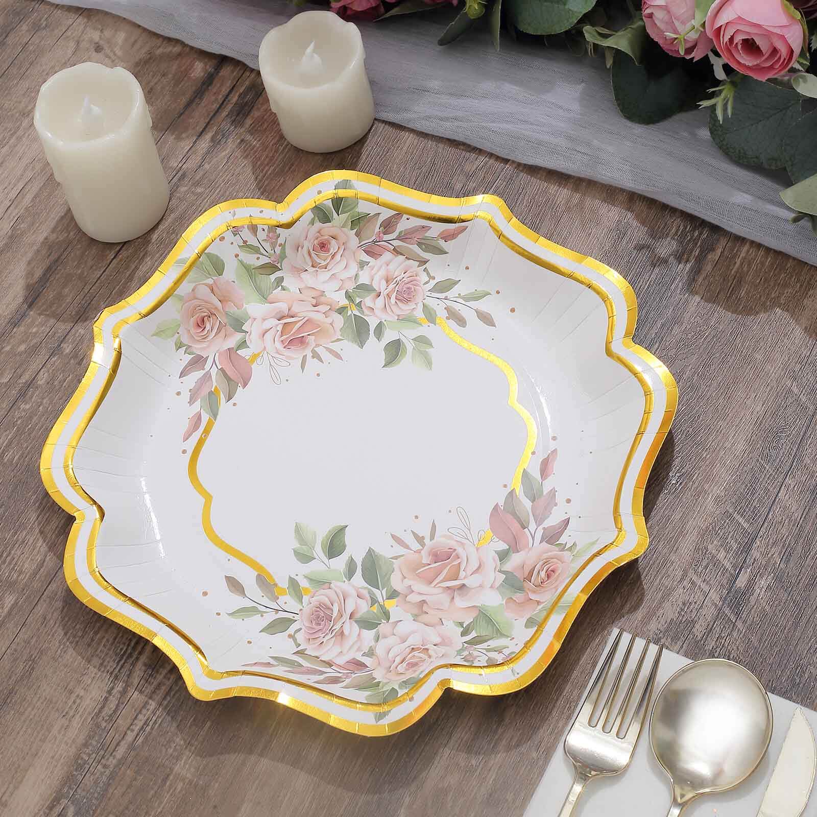 25-Pack Paper 10" Dinner Plates in White with Floral Print & Gold Scallop Rim - Disposable 300GSM Party Plates for Cocktail Events & Receptions