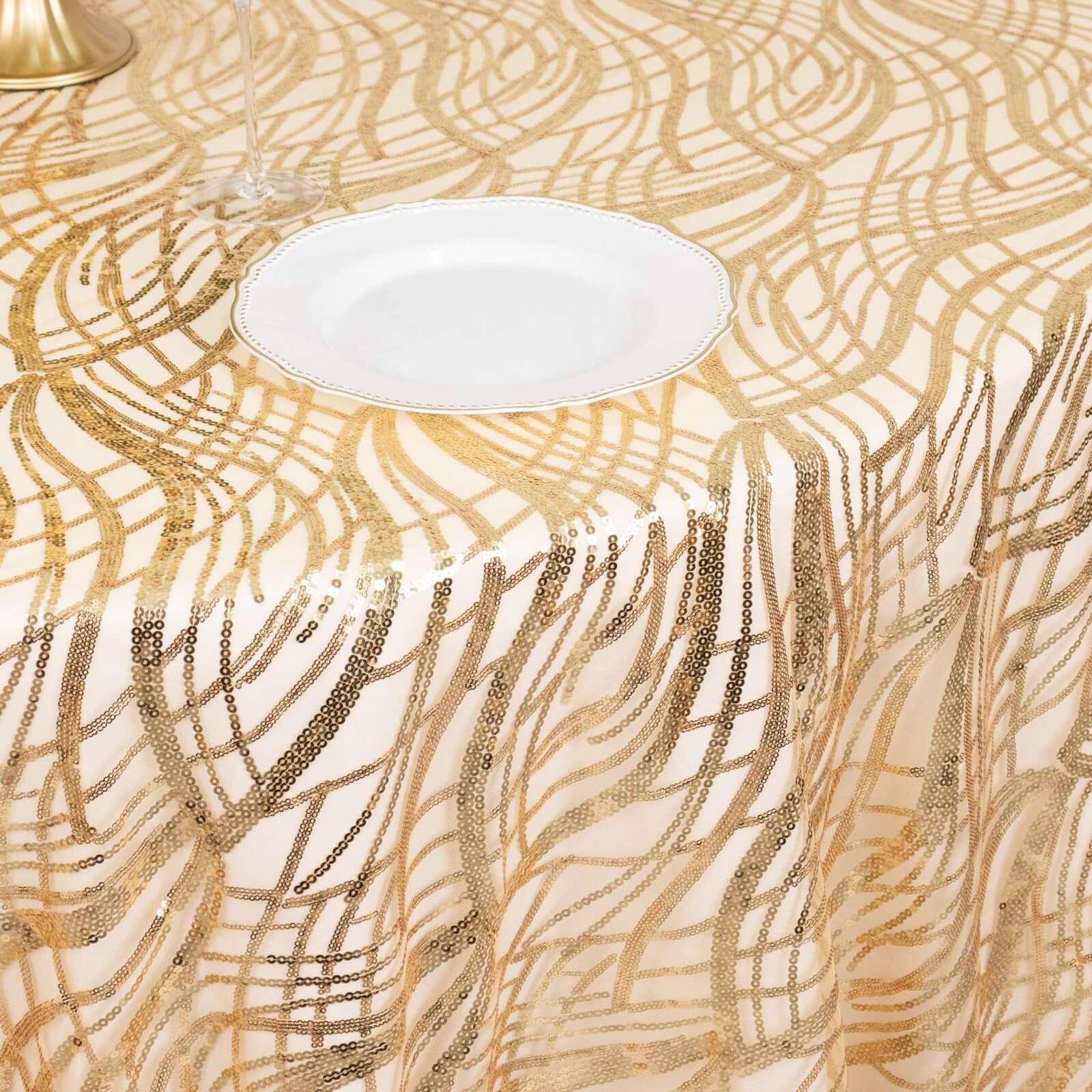 Sequin Mesh 120" Round Tablecloth Champagne - Seamless Wave Embroidered Table Cover