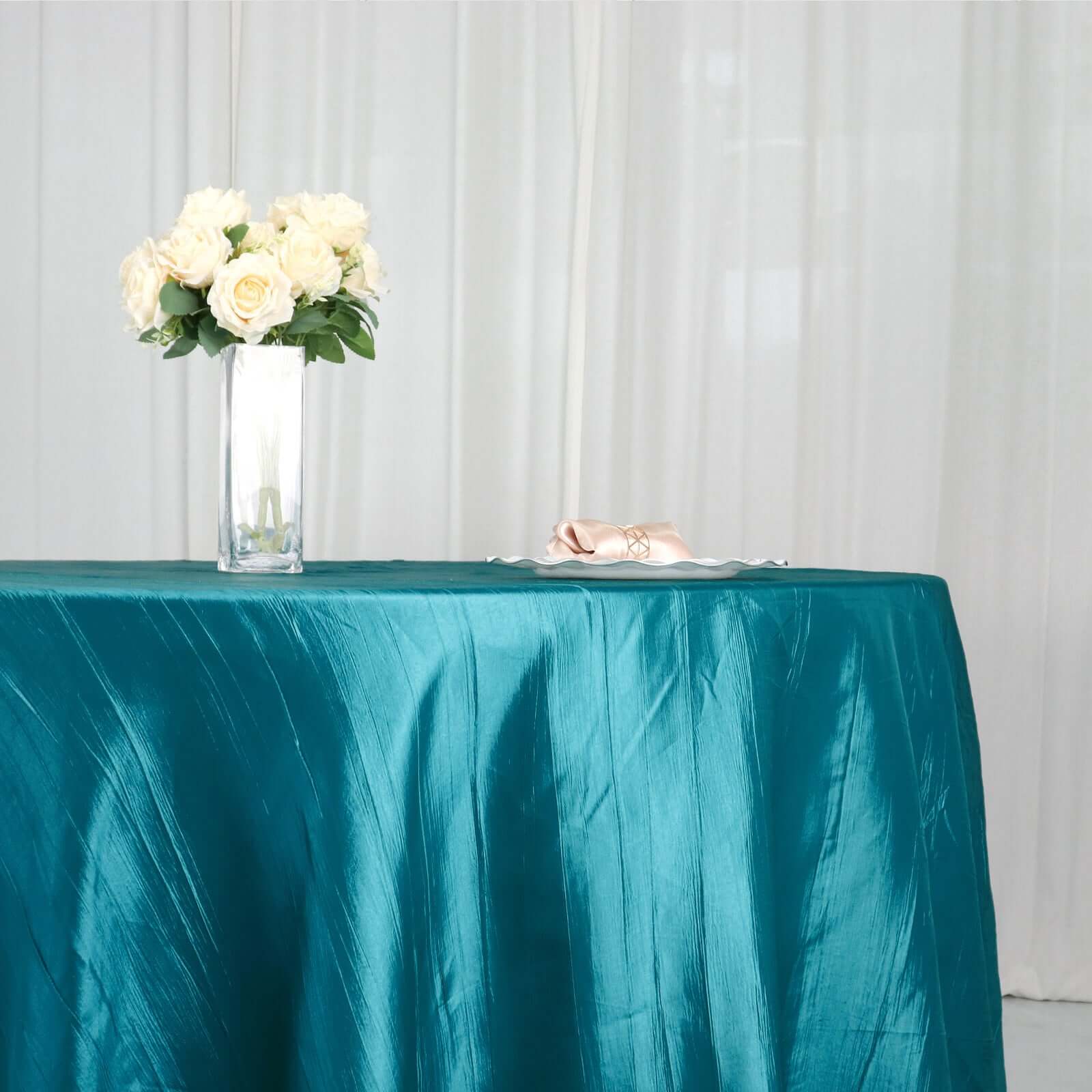 Taffeta 120" Round Tablecloth Peacock Teal - Seamless Accordion Crinkle Table Cover