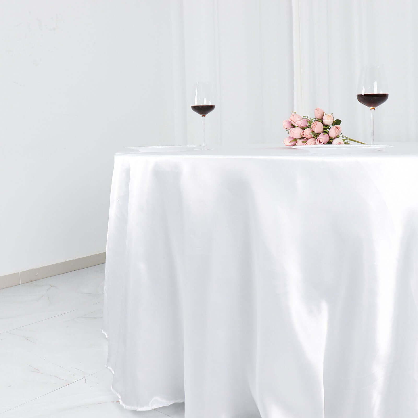 Satin 132" Round Tablecloth White - Stylish Seamless Table Cover for Weddings & Events
