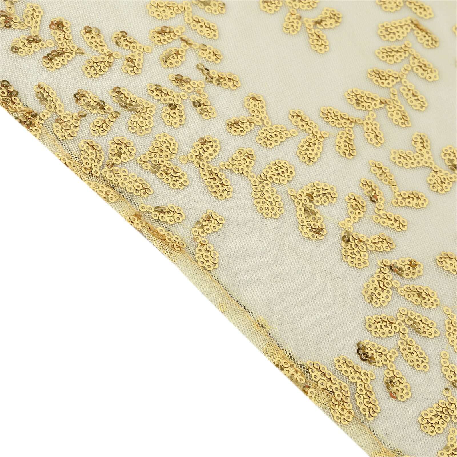 Tulle 90"x156" Rectangle Tablecloth Gold - Sequin Leaf Embroidered Design for Luxe Celebrations