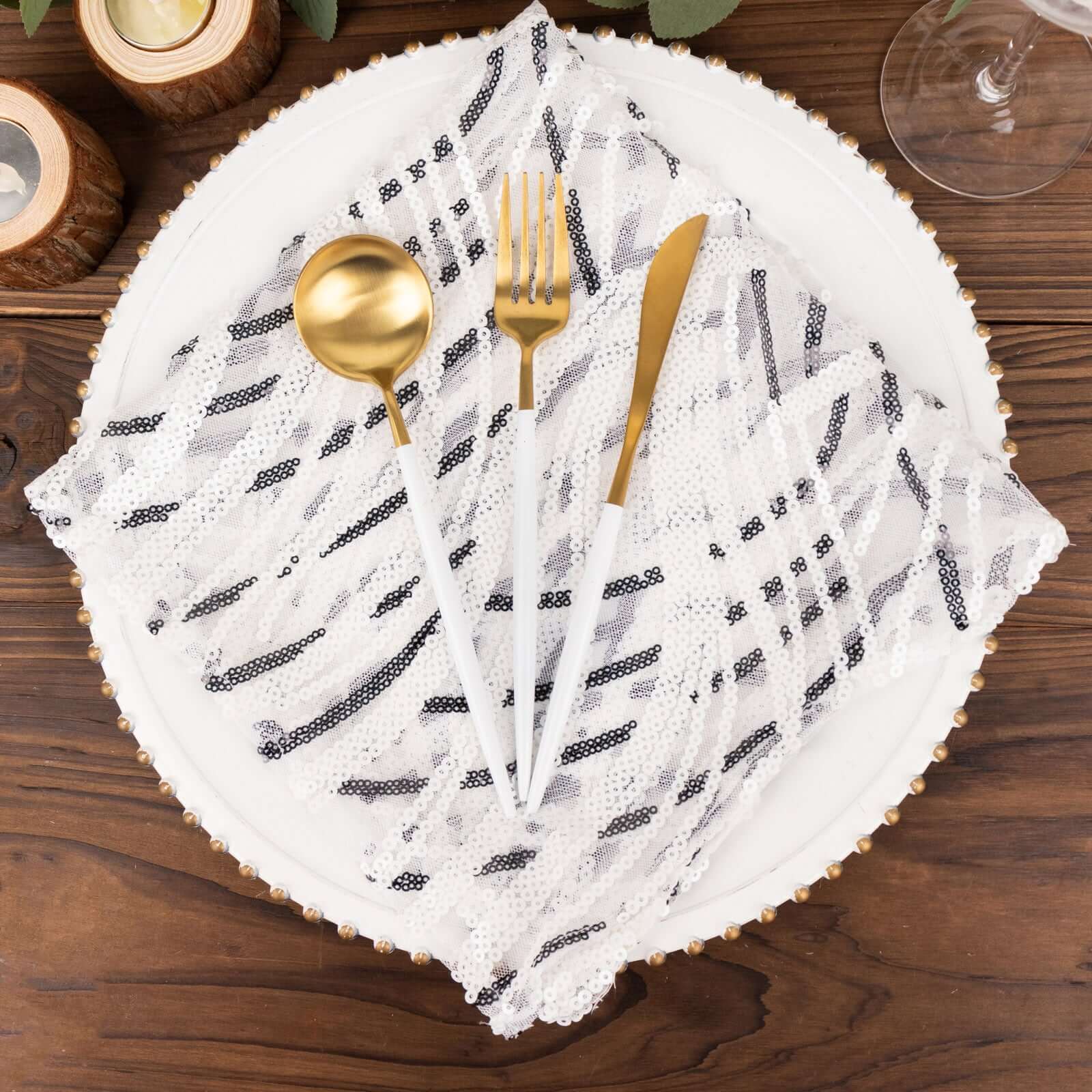 Sequin Mesh 20"x20" Napkin White Black - Wave Embroidered Reusable Napkin