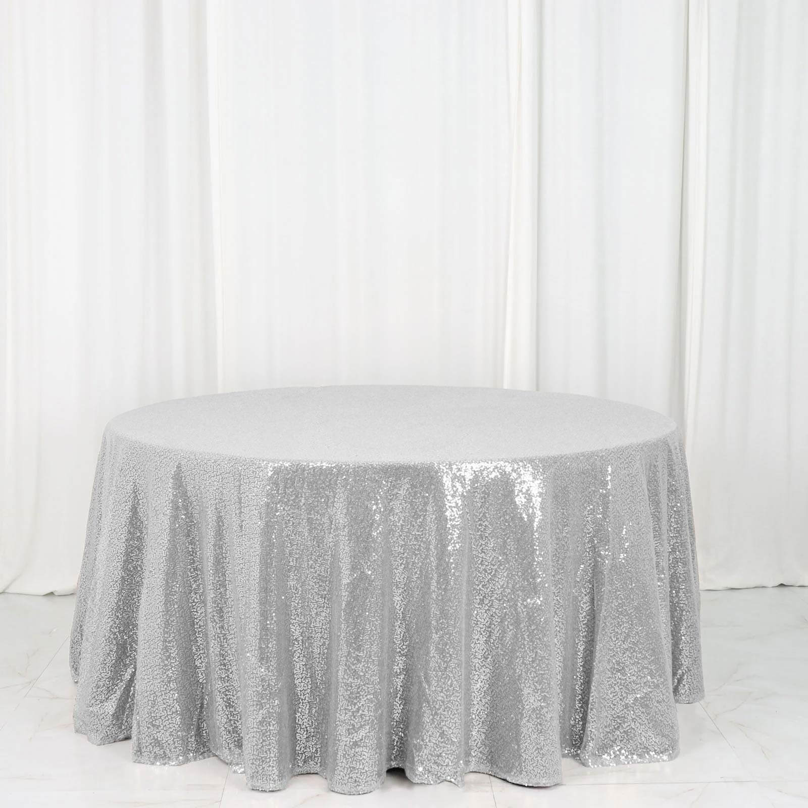 Sequin 120" Round Tablecloth Silver - Seamless Glittering Table Cover