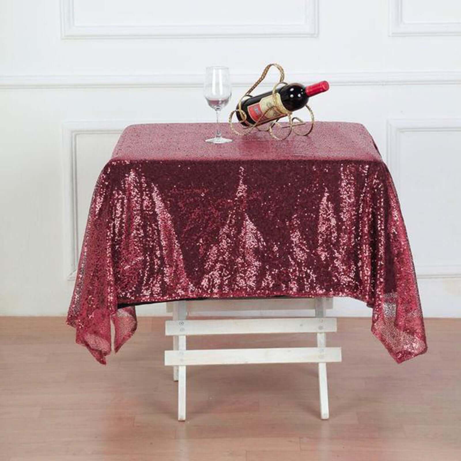 Sequin 60"x60" Table Overlay Square Tablecloth Burgundy - Luxe Wedding Table Topper