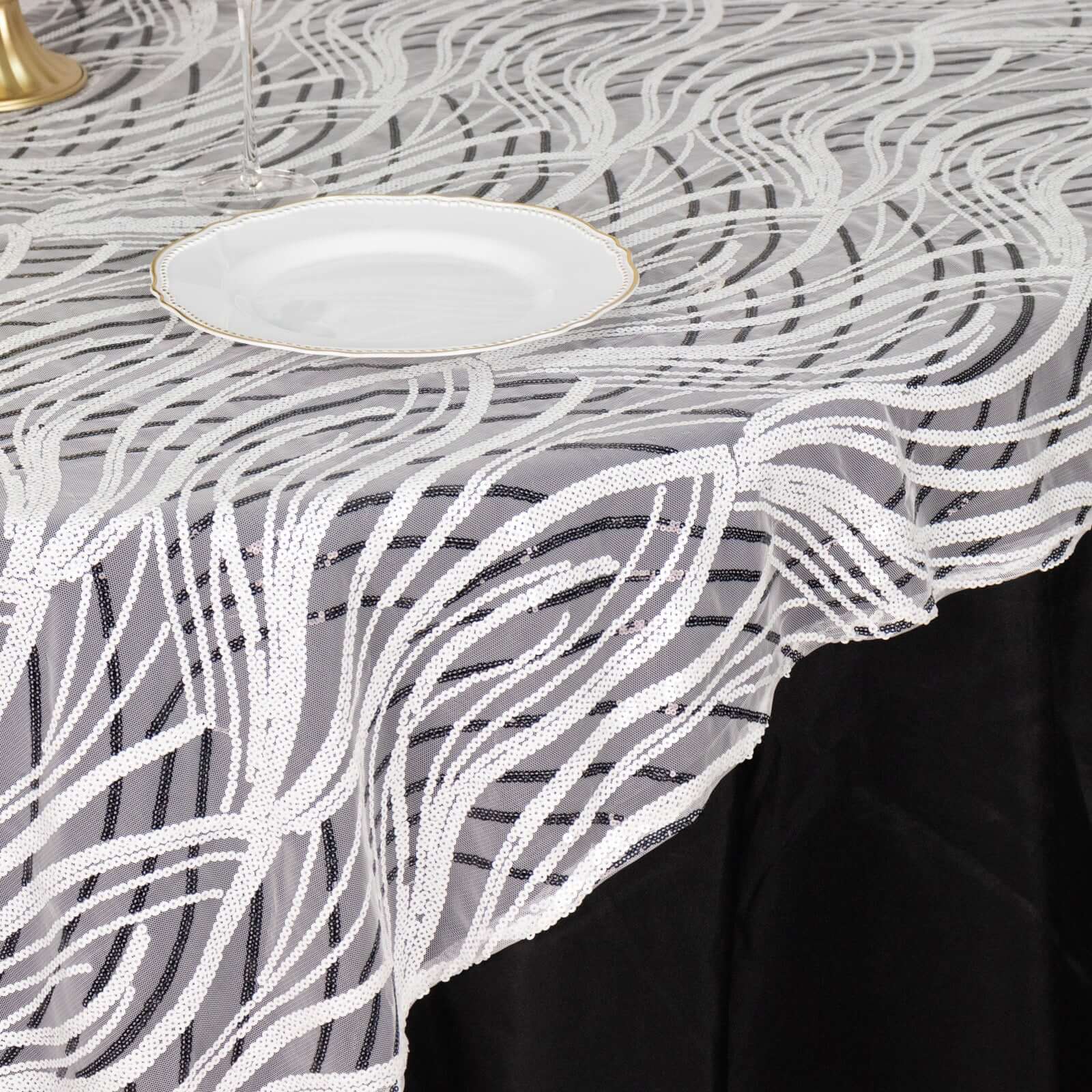 Mesh 72"x72" Table Overlay Square Tablecloth White Black - Wave Embroidered Sequins Table Topper