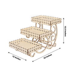 3-Tier Wooden Dessert Display Rectangular Laser Cutout Design Natural - Serving Platter Cupcake Mini Cake Tray 22"