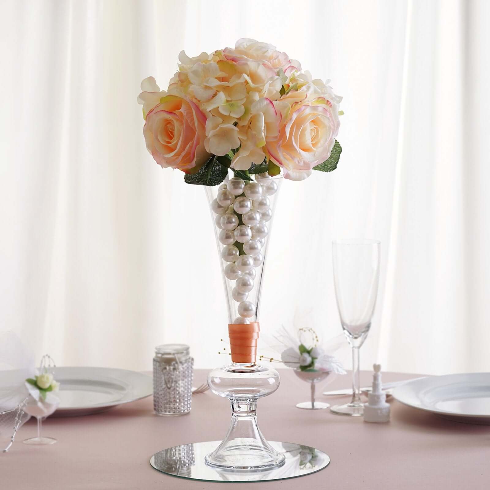4-Pack Glass Trumpet Vases Reversible Crystal Ball Design Clear - Decorative Flower Table Centerpieces 11"