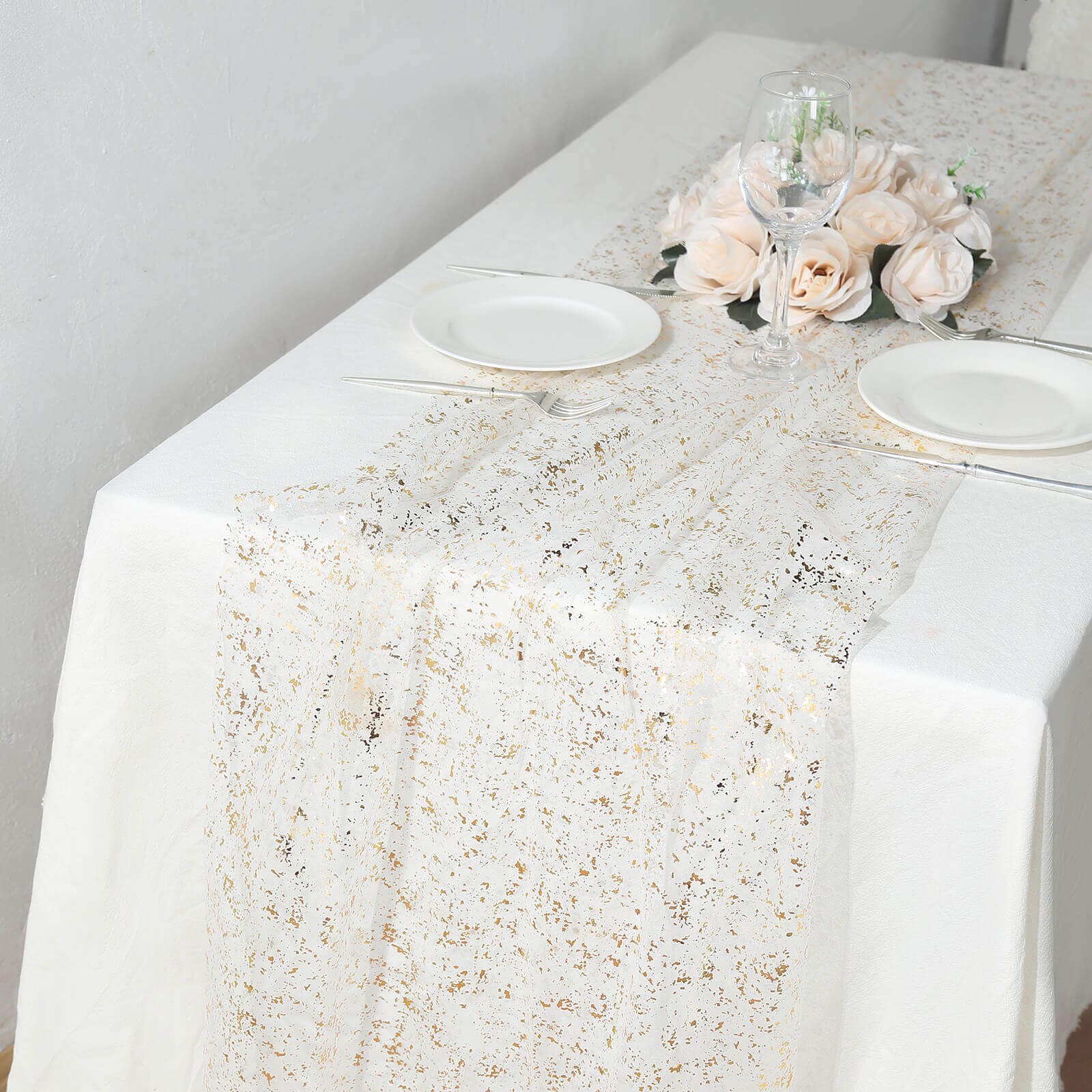 Sheer Chiffon 10ft Table Runner Metallic Gold Glittered Design - Sparkling Table Decor