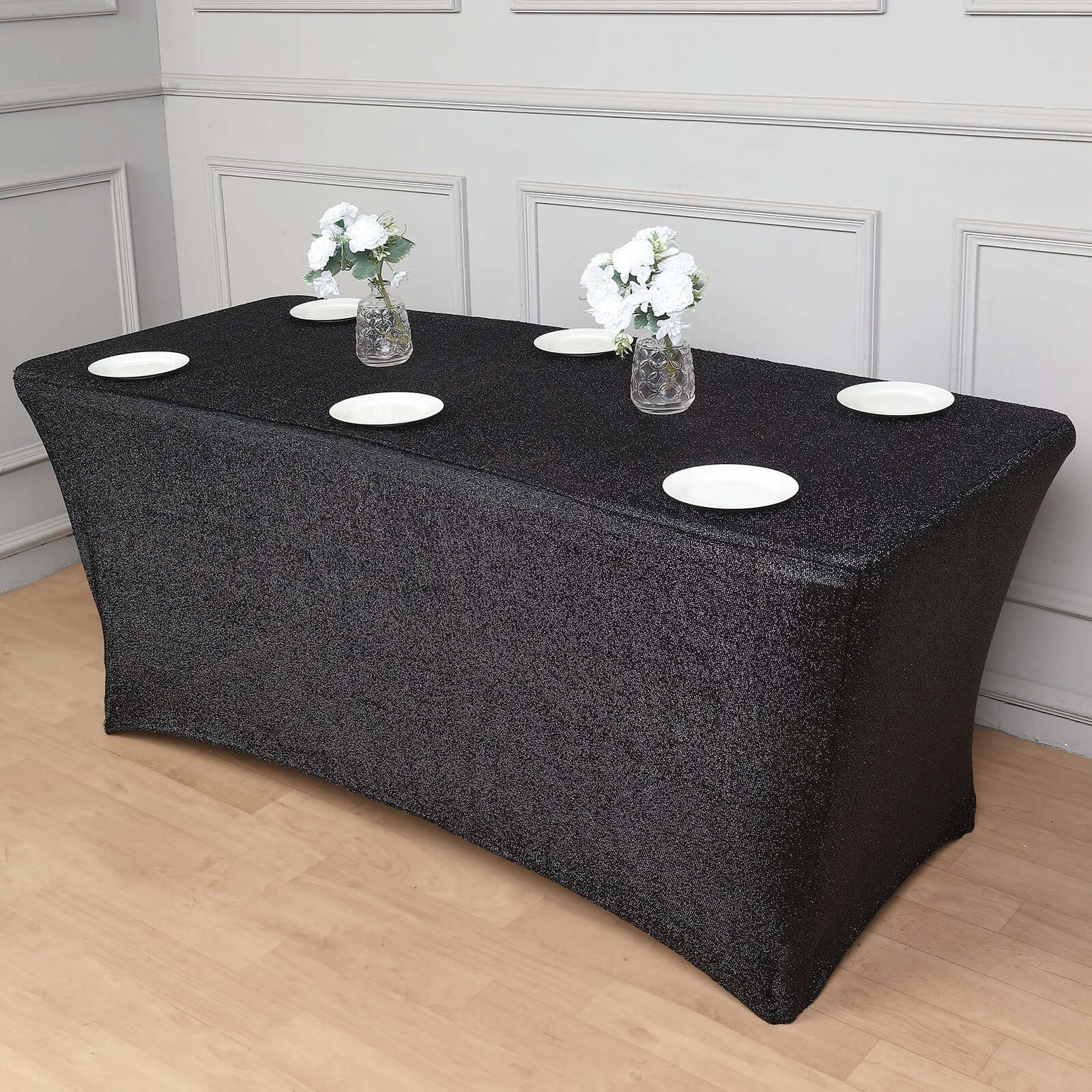 Shimmer Tinsel Spandex 72"x30" Rectangle Tablecloth Metallic Black Glittered Shiny Stretch Table Cover
