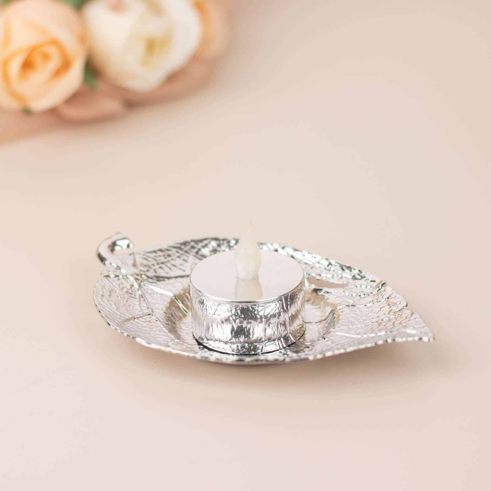 3-Pack Metal Votive Candle Holders Maple Leaf Design Shiny Silver - Vintage Mini Tea Cup Saucers 5"