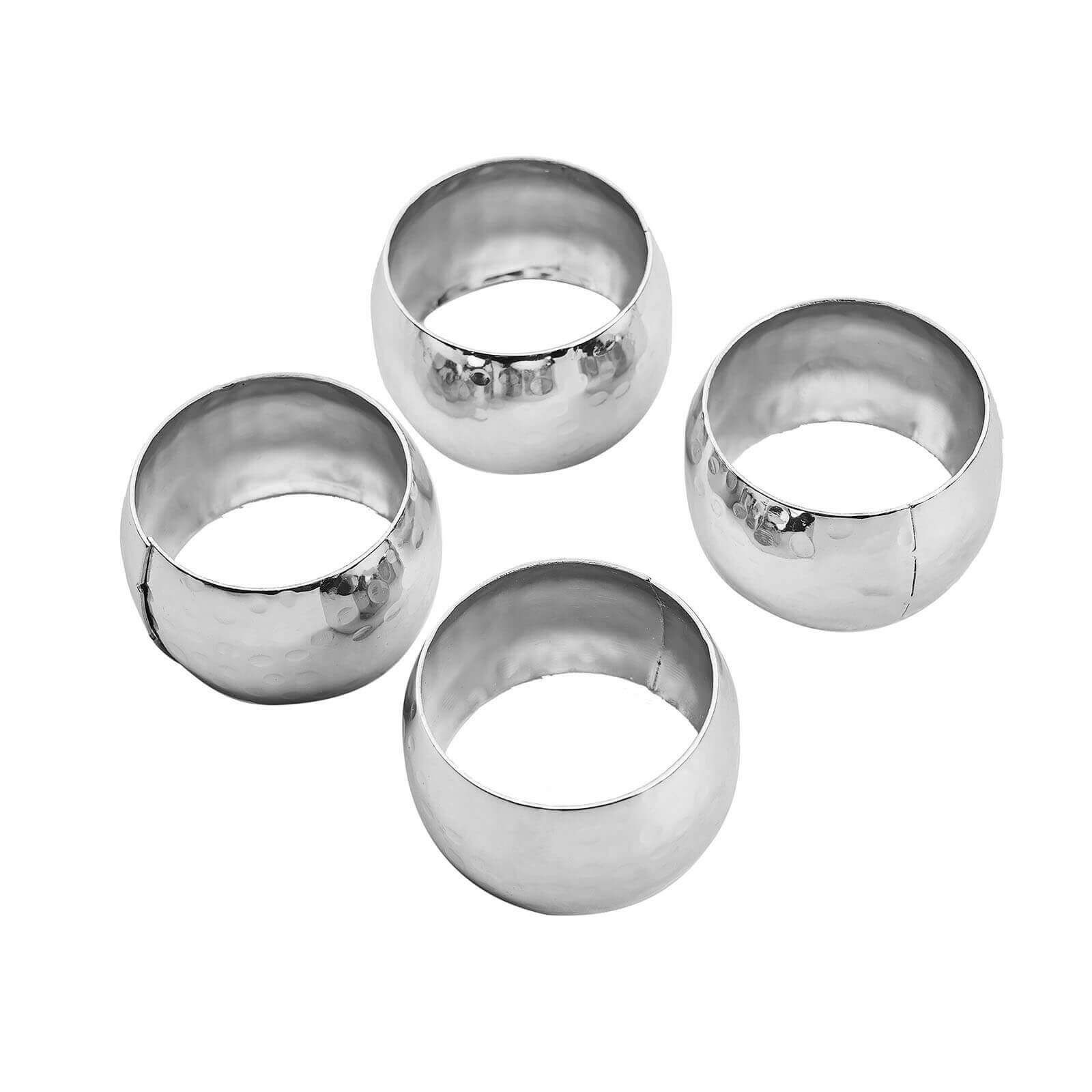4 Pack Metallic Silver Hammered Pattern Metal Napkin Rings