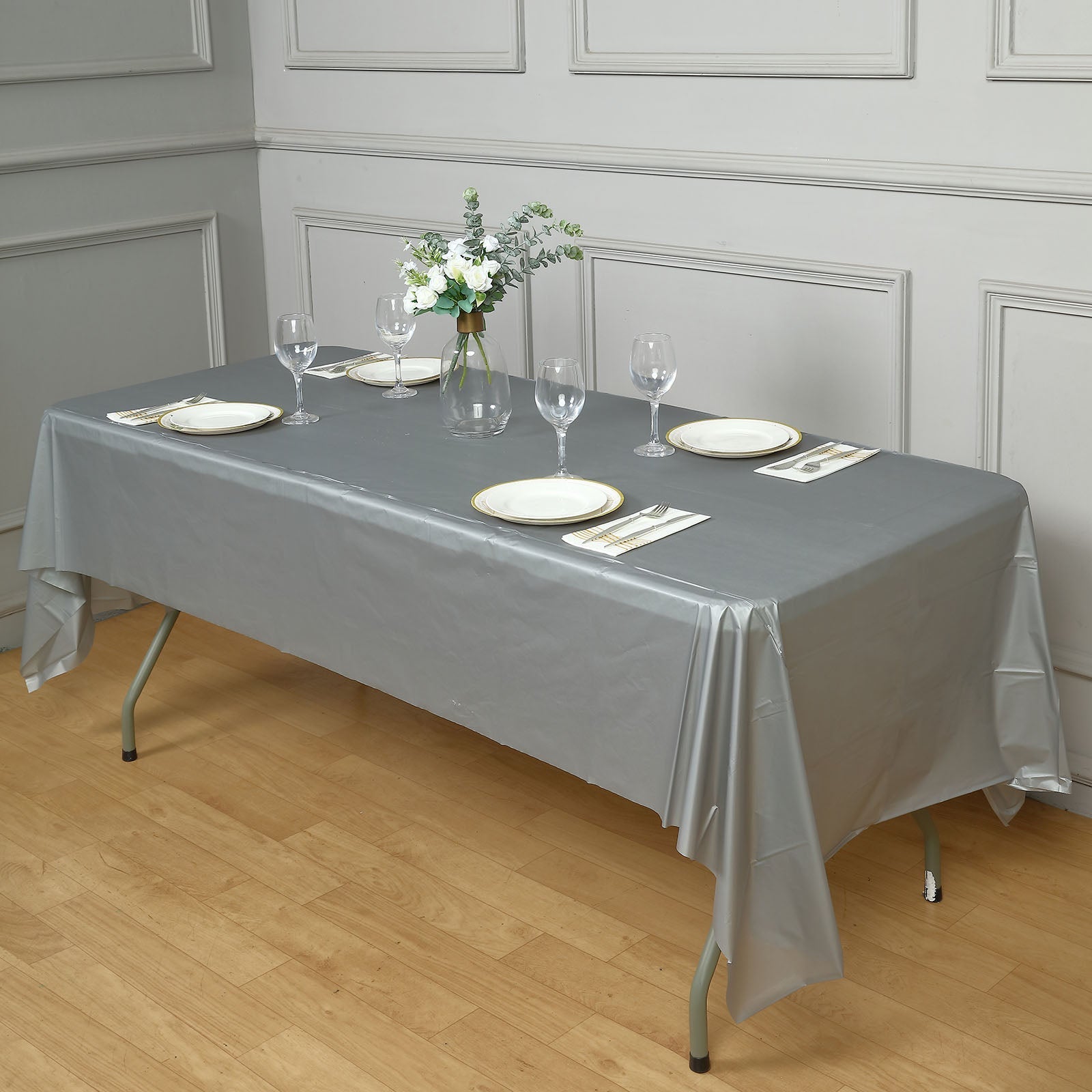 Silver Rectangle Plastic Table Cover, 54"x108" PVC Waterproof Disposable Tablecloth