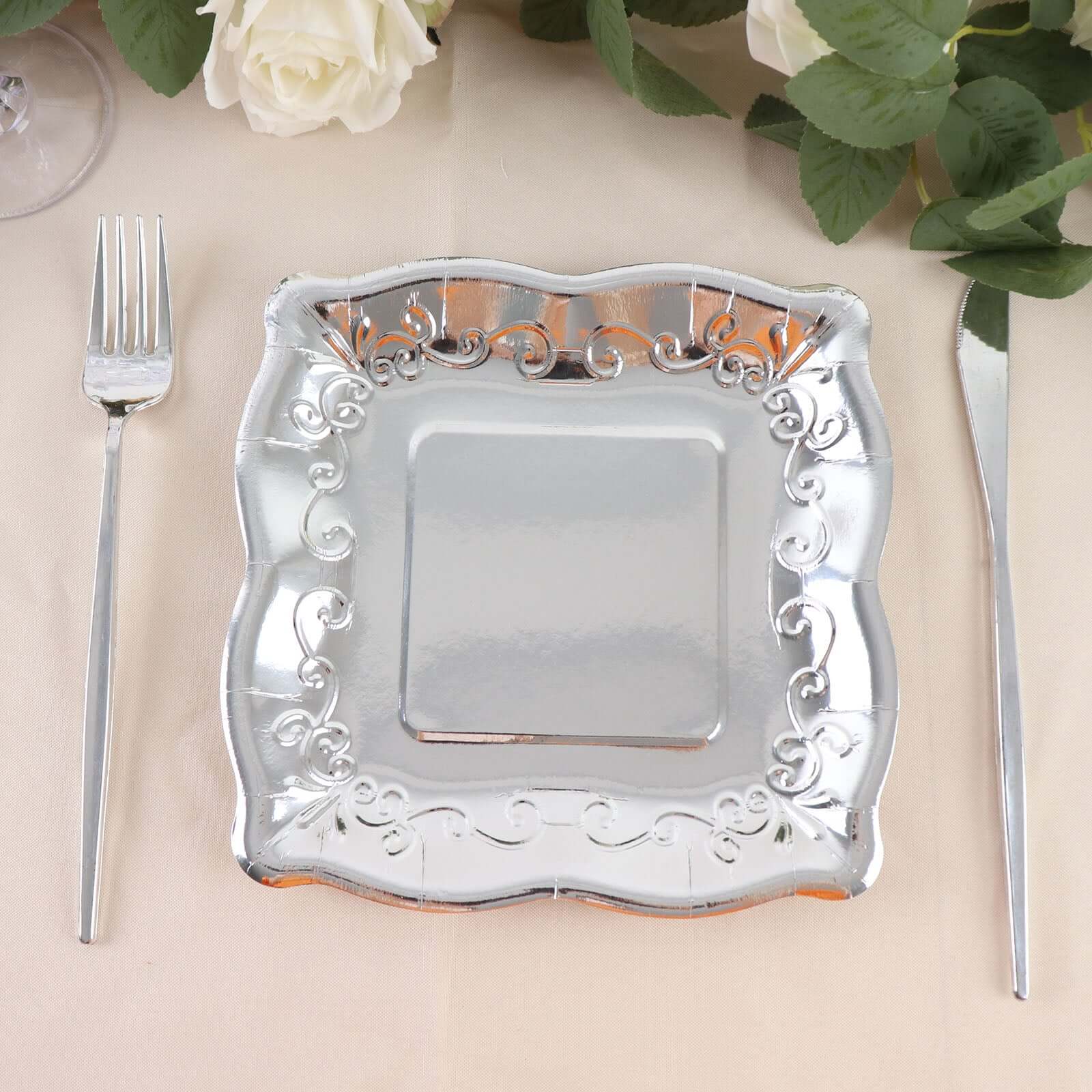 25-Pack Paper 7" Square Dessert Plates in Silver with Vintage Pottery Embossed Design - Shiny Metallic Disposable Appetizer Plates