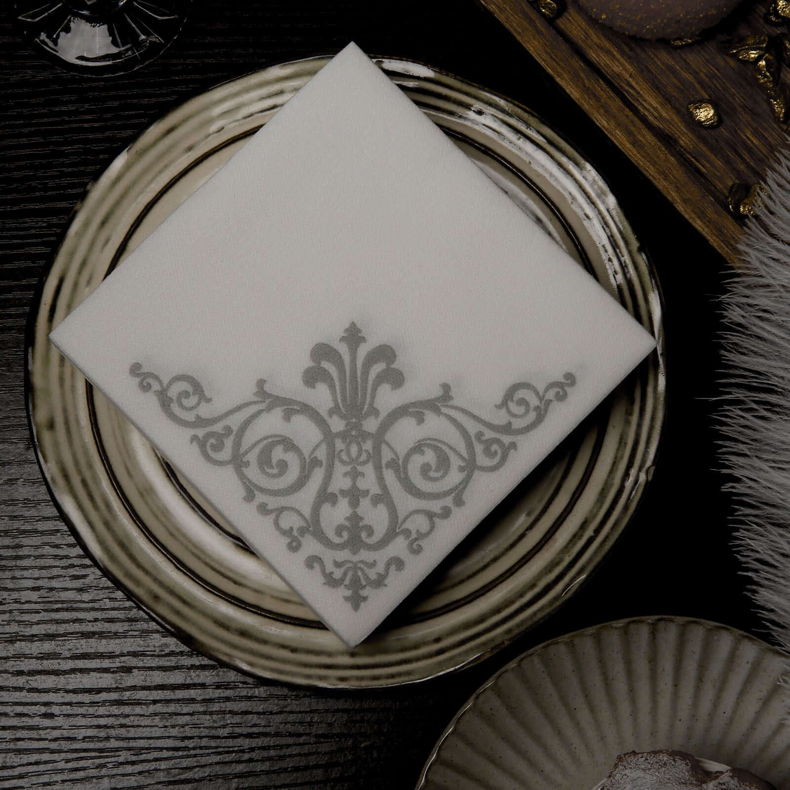 20 Pack Linen-Like Paper 5"x5" Napkins White - Silver Fleur Vintage Design - Classy Airlaid Cocktail Napkins for Events