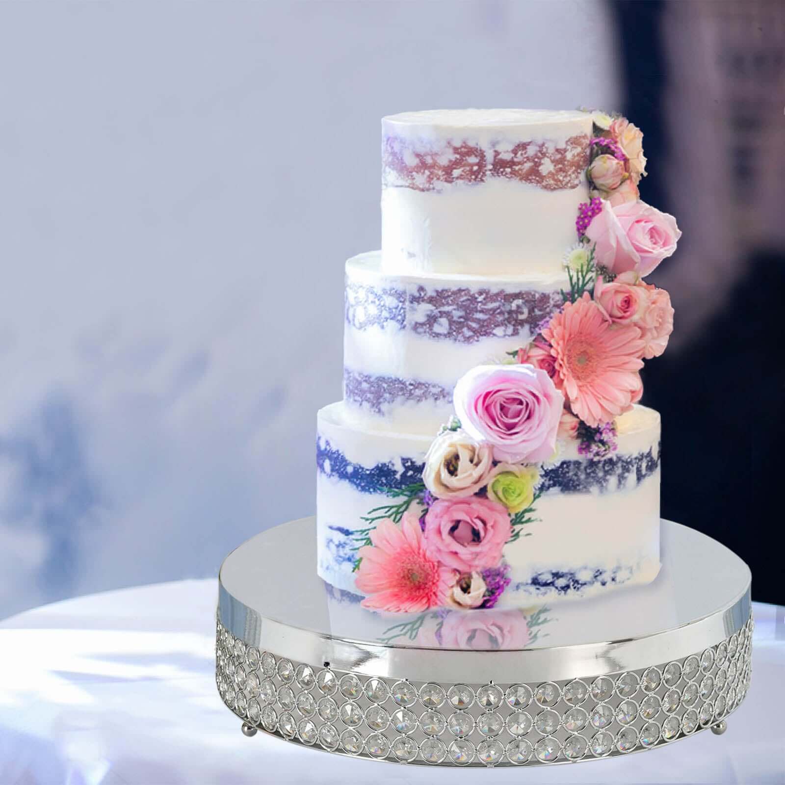 Metal Cake Stand Pedestal Crystal Beaded Design Silver - Cupcake Display and Dessert Riser 13"
