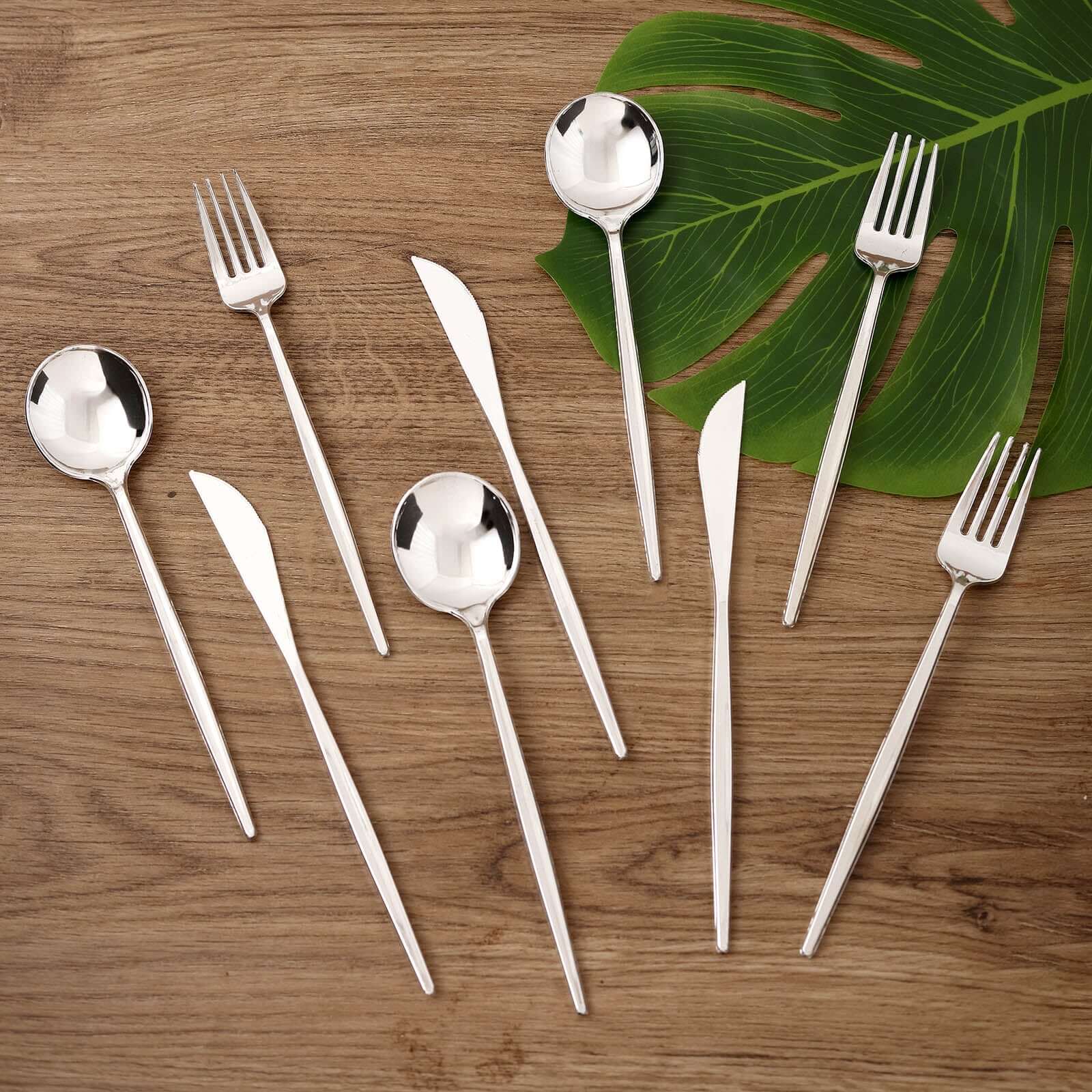 24-Pack Plastic Flatware Set with Sleek Modern Design Silver - Premium Disposable Silverware 8"