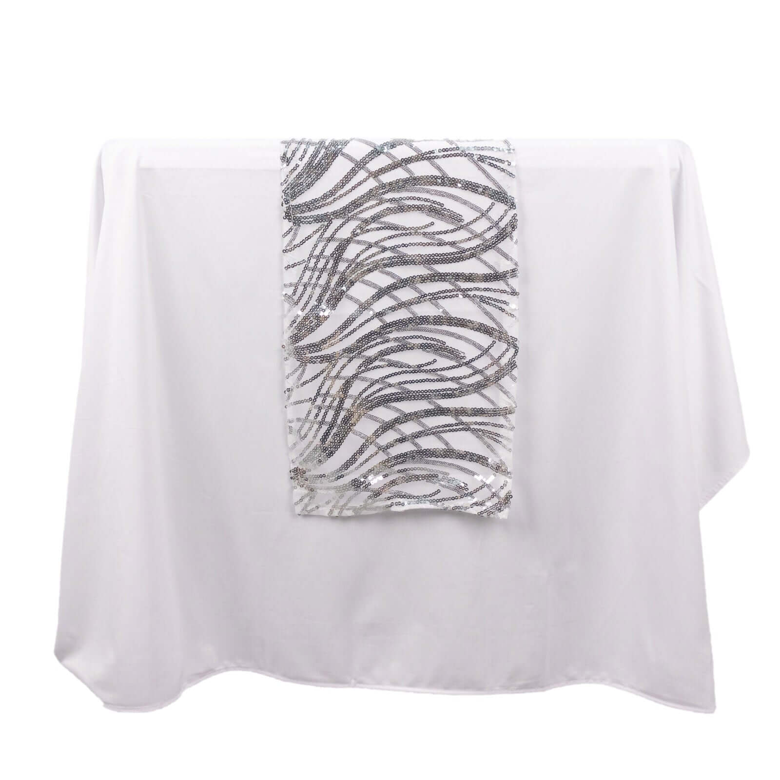 Sequin Mesh 12"x108" Table Runner Silver Stylish Wave Embroidery