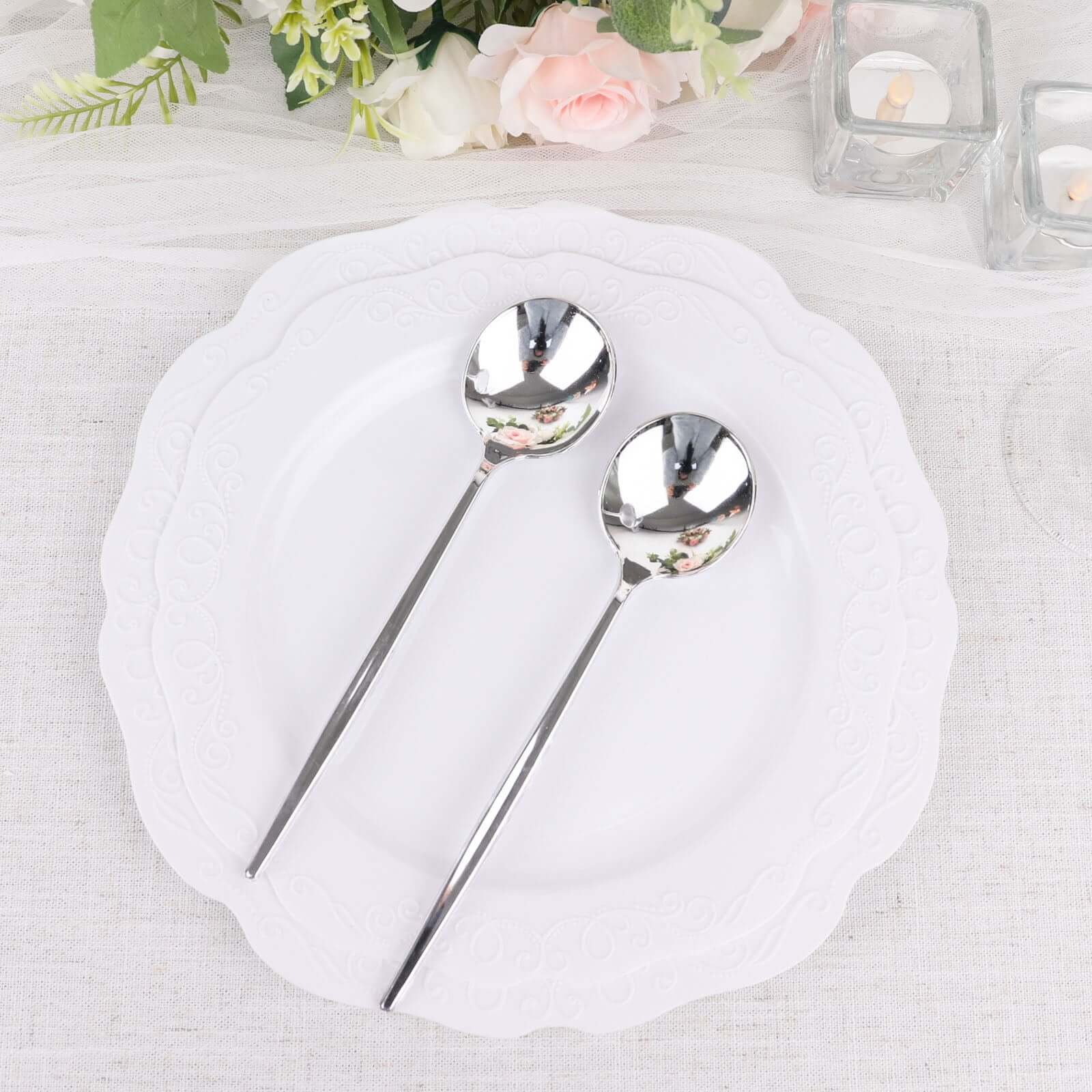 24-Pack Plastic Spoons Glossy Silver - Premium Heavy Duty Disposable Silverware 8"