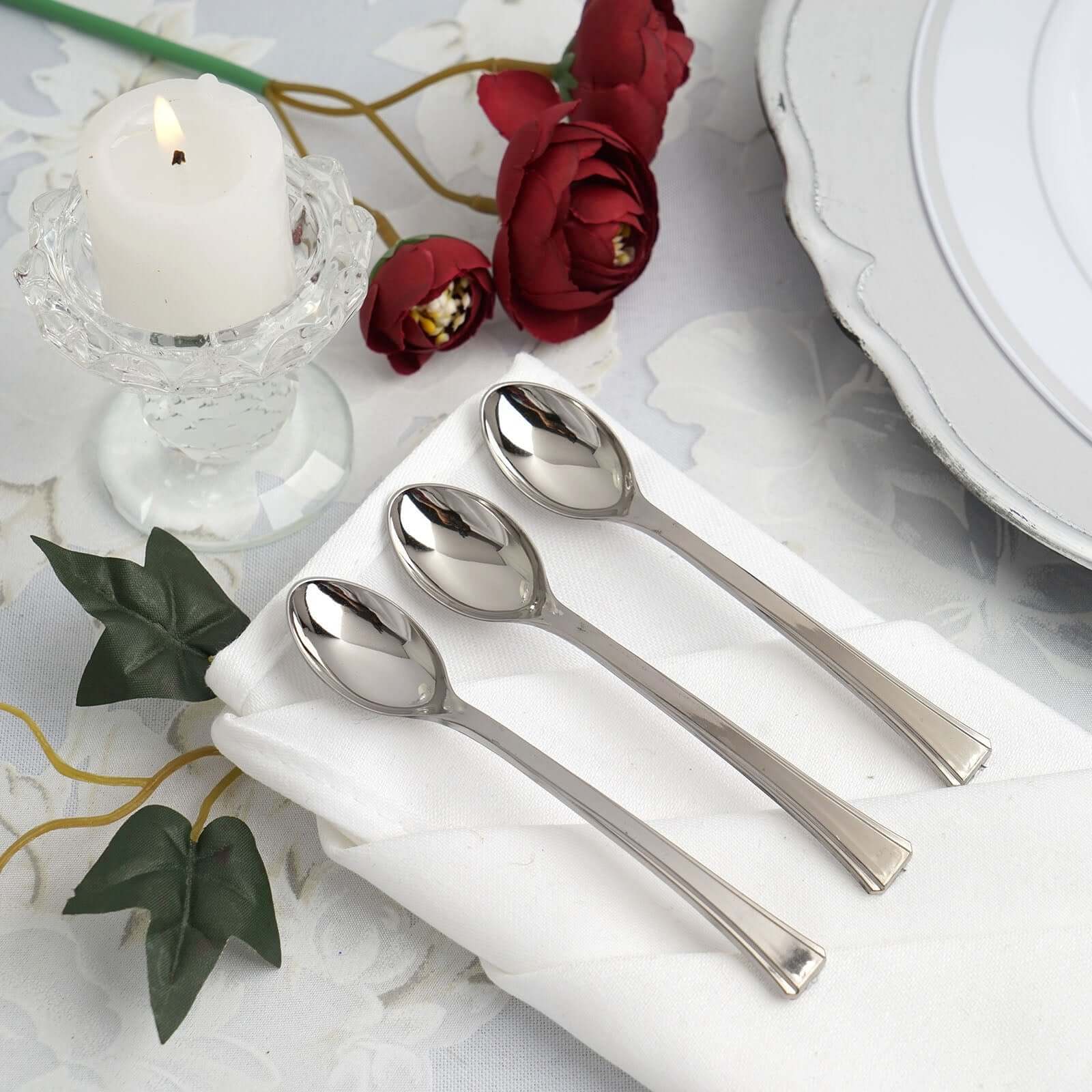 36-Pack Dessert Spoons Mini Heavy Duty Design Silver - Plastic Disposable Utensils for Catering and Gatherings 4"