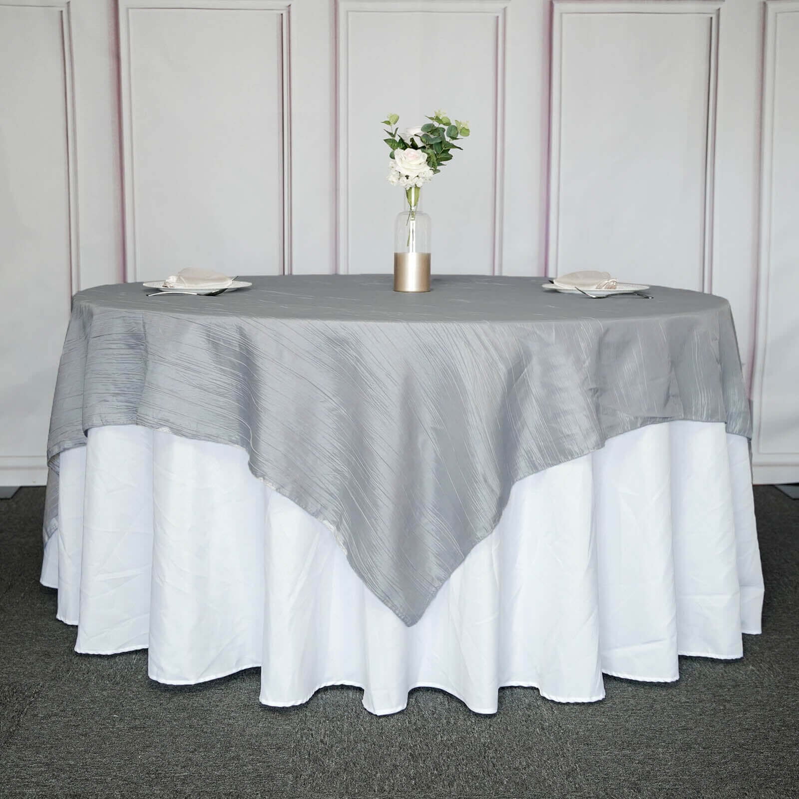 Taffeta 90"x90" Table Overlay Square Tablecloth Silver - Accordion Crinkle Table Cover