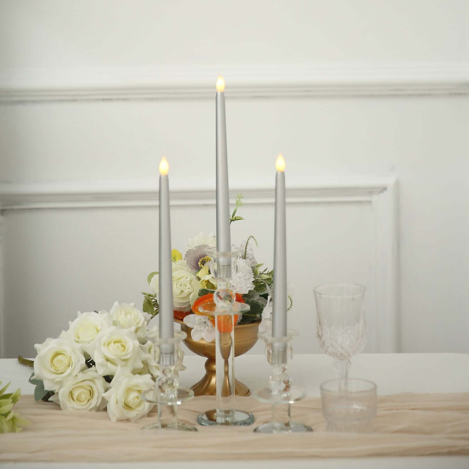 3-Pack LED Decorative Lighting Warm Flickering Silver - Flameless Taper Candles 11"