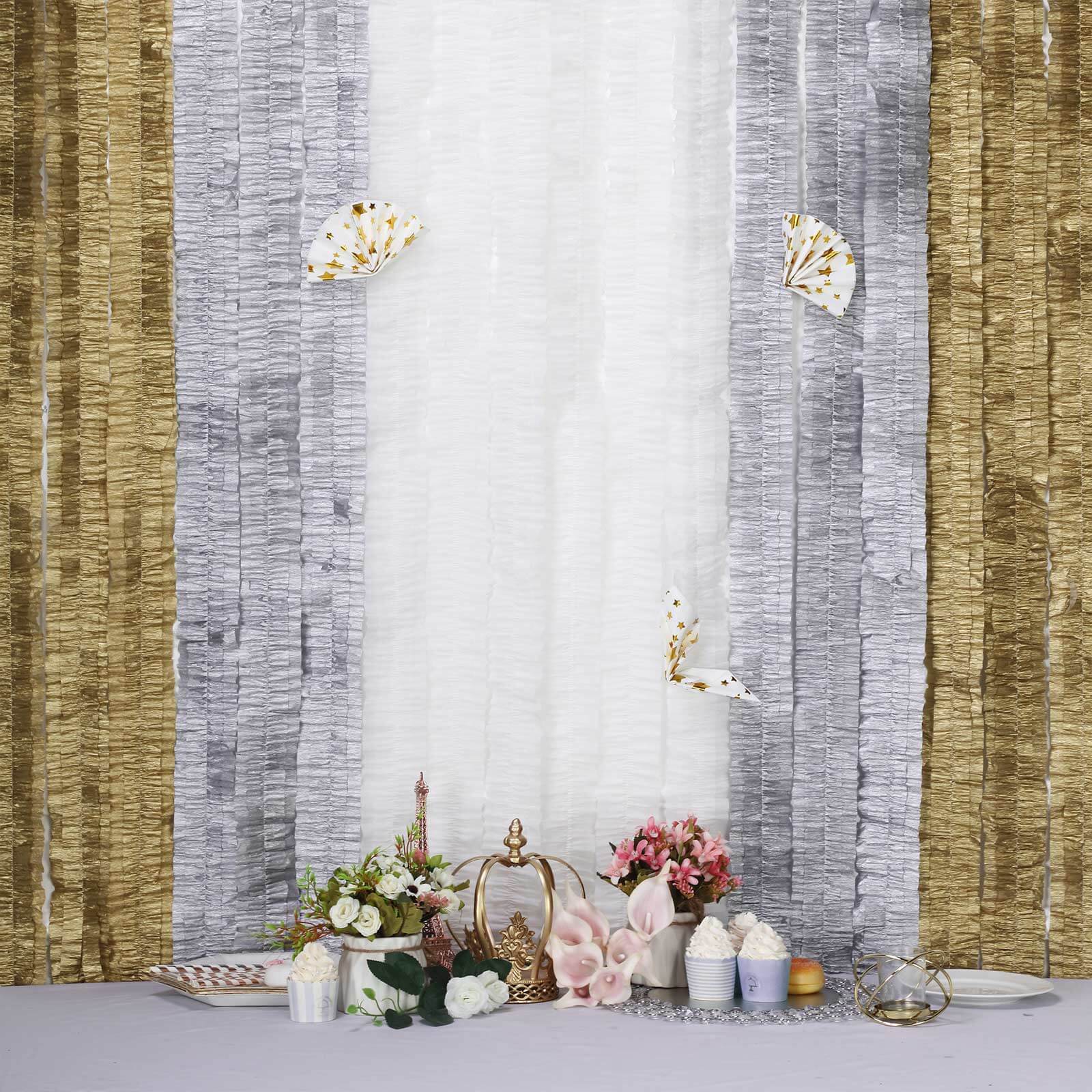 3 Rolls 28ft Silver Ruffled Tissue Paper Party Streamers, Crepe Paper Backdrop Decorations