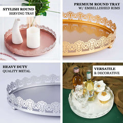 Metal Round Serving Tray 12" in Silver with Embellished Rims, Stylish Decorative Vanity Tray Centerpiece