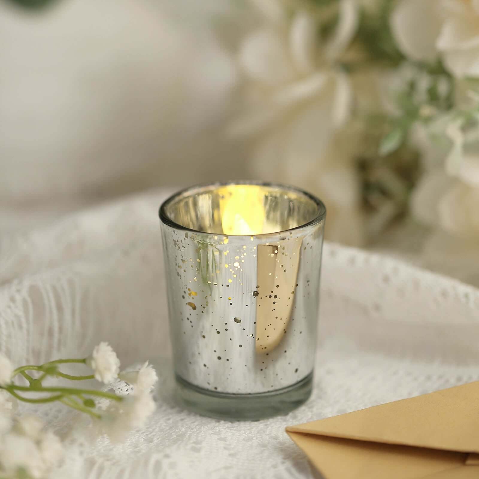 12-Pack Mercury Glass Candle Holders Silver with Speckled Design - Votive Tealight Holders 2"