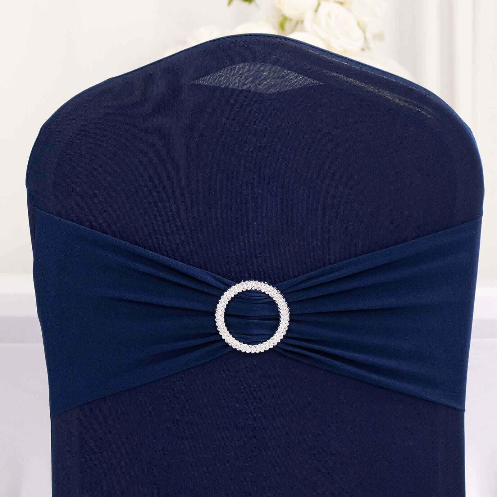 Spandex Chair Cover with Navy Blue Rhinestone Buckled Sash Band Blush - Stretch Fitted Slipcover