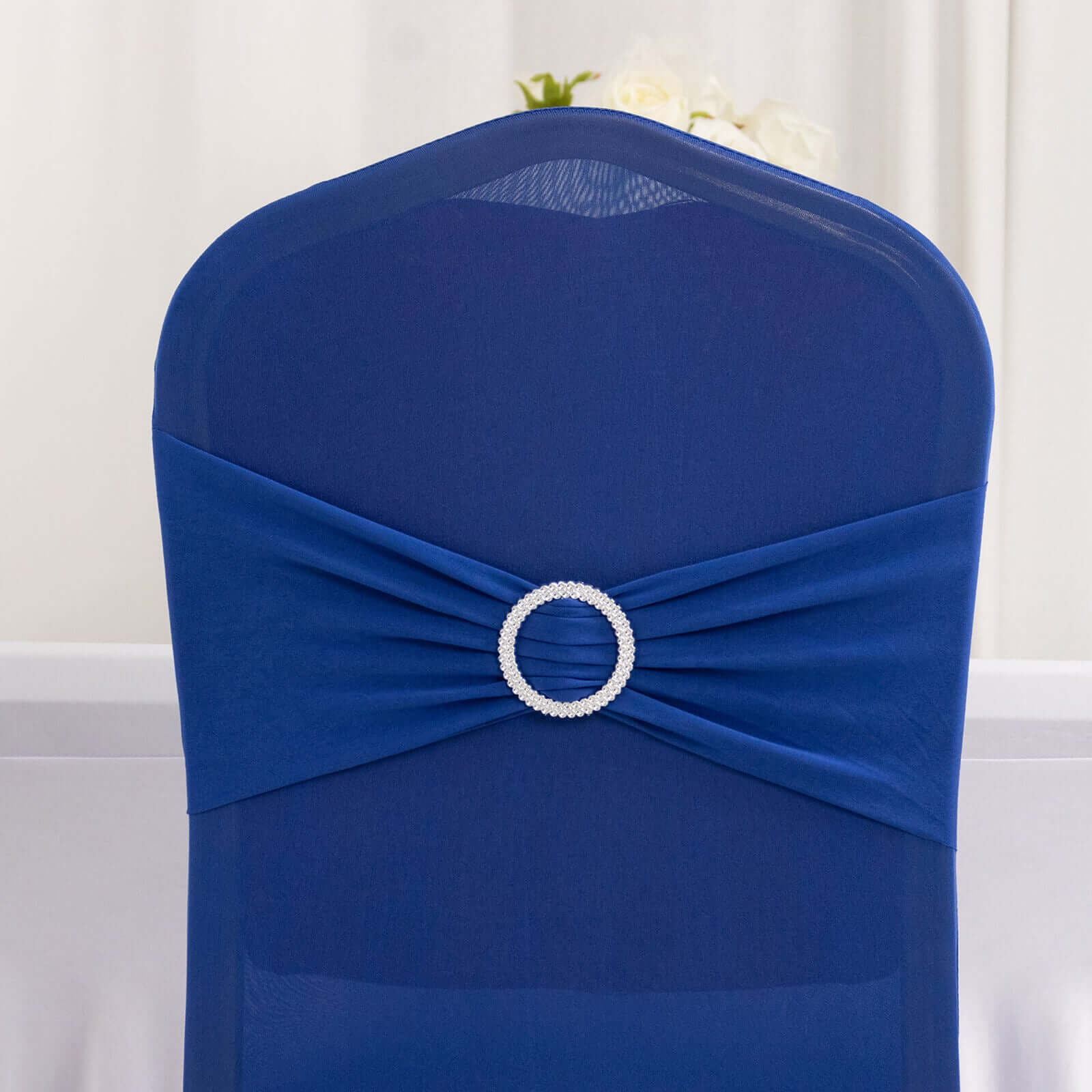 Spandex Chair Cover with Royal Blue Rhinestone Buckled Sash Band Blush - Stretch Fitted Slipcover