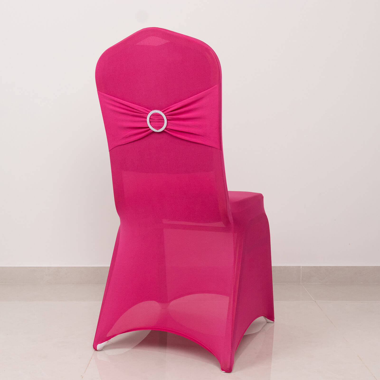 Spandex Chair Cover with Fuchsia Rhinestone Buckled Sash Band Blush - Stretch Fitted Slipcover