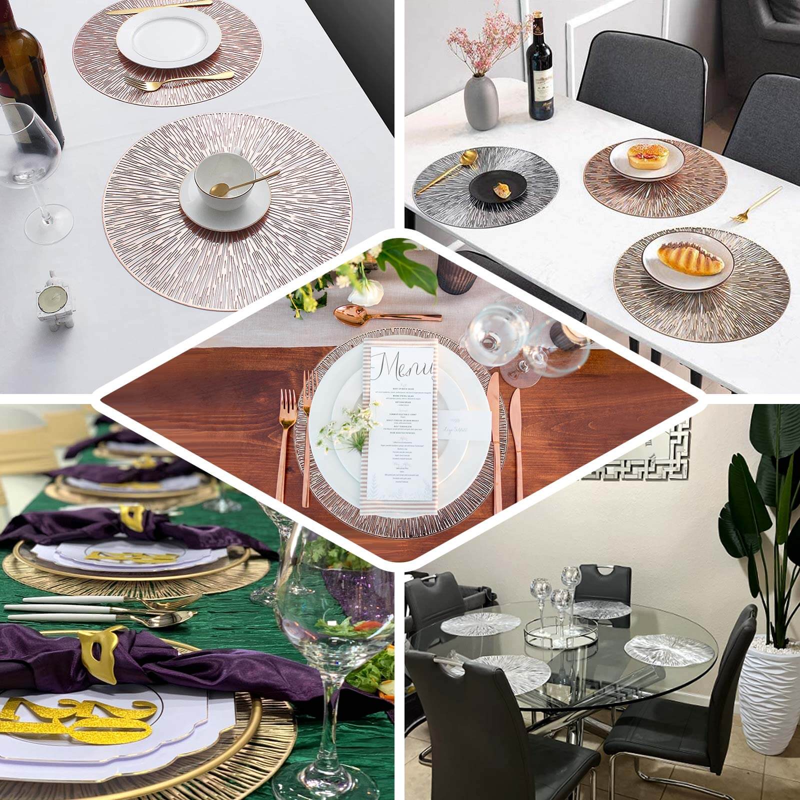 6-Pack Dining Table Mats Spiked Design Rose Gold - Vinyl Non-Slip Surface with Modern Appeal 15"