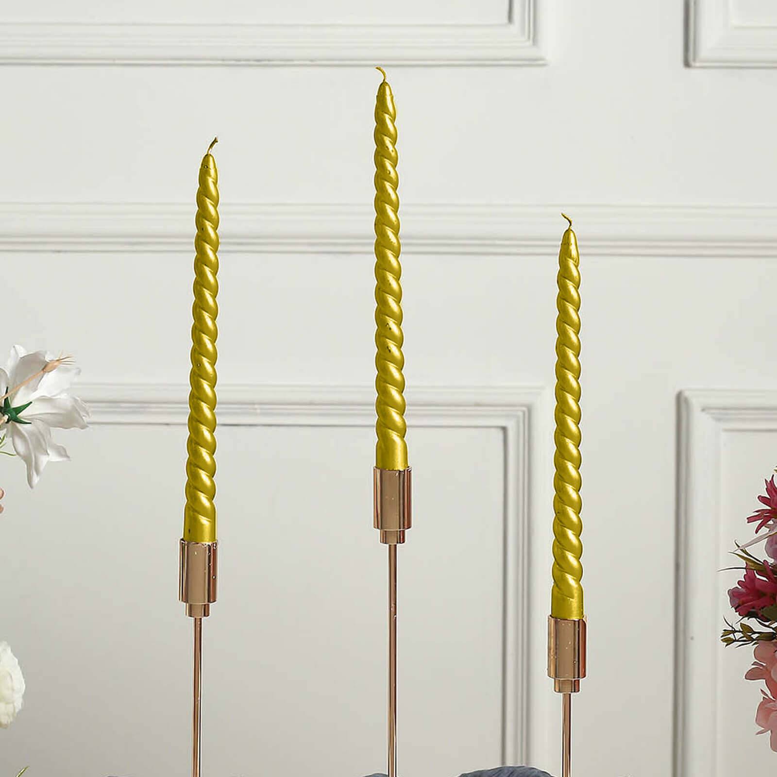 12-Pack Taper Candles Spiral Long Burn Wick Design Gold - Premium Unscented Wax Dinner Candle Sticks 11"
