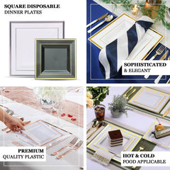 10-Pack Plastic Dinner Plates White Square with Rose Gold Trim - Lightweight Disposable Plates for Events 10"