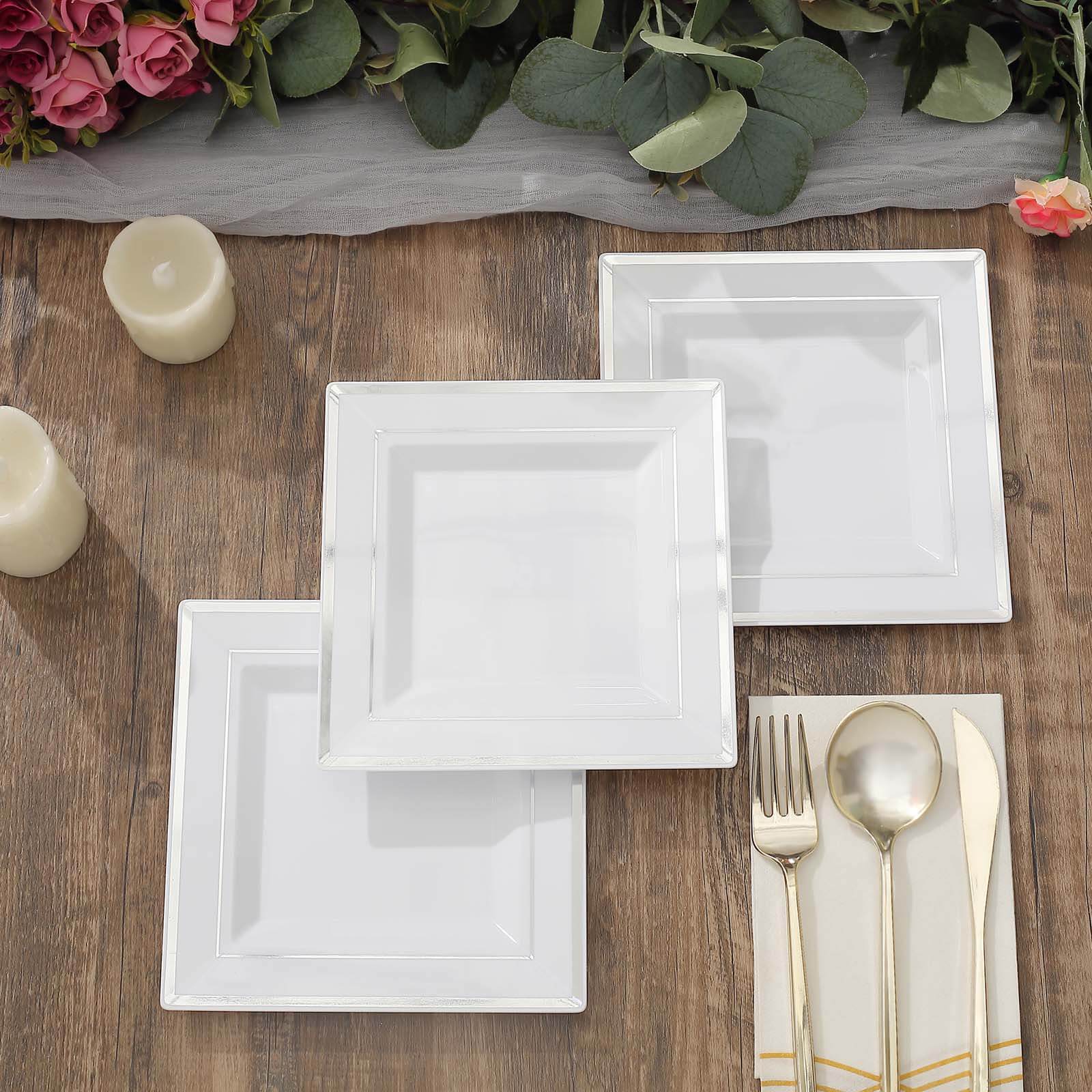 10-Pack Plastic Salad Dessert Plates White Square with Silver Trim - Durable Disposable Appetizer Plates 7"
