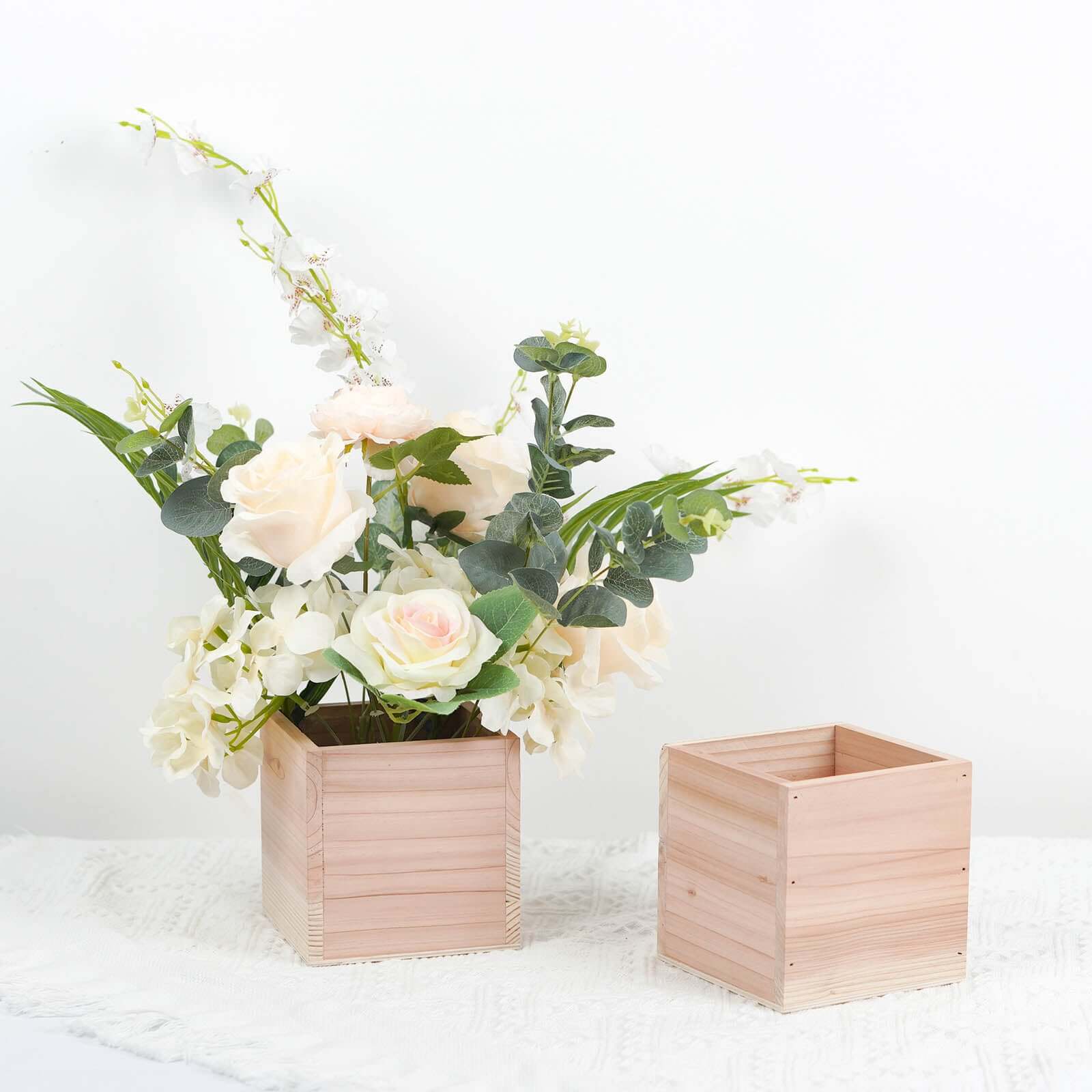 2 Pack 5" Square Tan Wood Planter Box Set, Plant Holder With Removable Plastic Liners