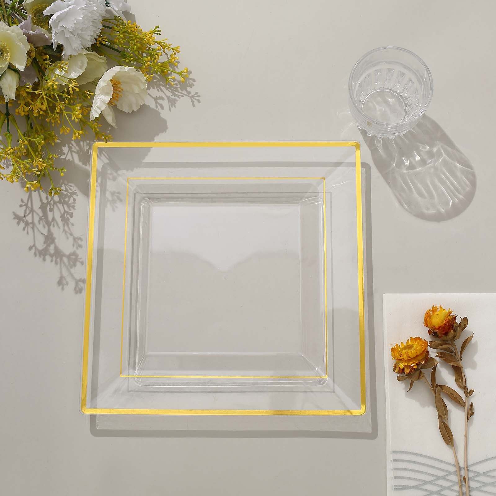 10 Pack 10" Gold Trim Clear Square Disposable Dinner Plates, Plastic Party Plates