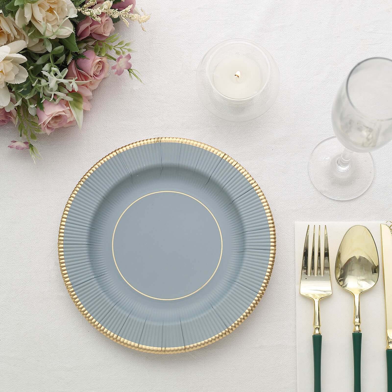 25-Pack Paper 8" Round Dessert Plates in Dusty Blue Sunray Design with Gold Rim - Disposable Heavy Duty 350GSM Appetizer Salad Plates