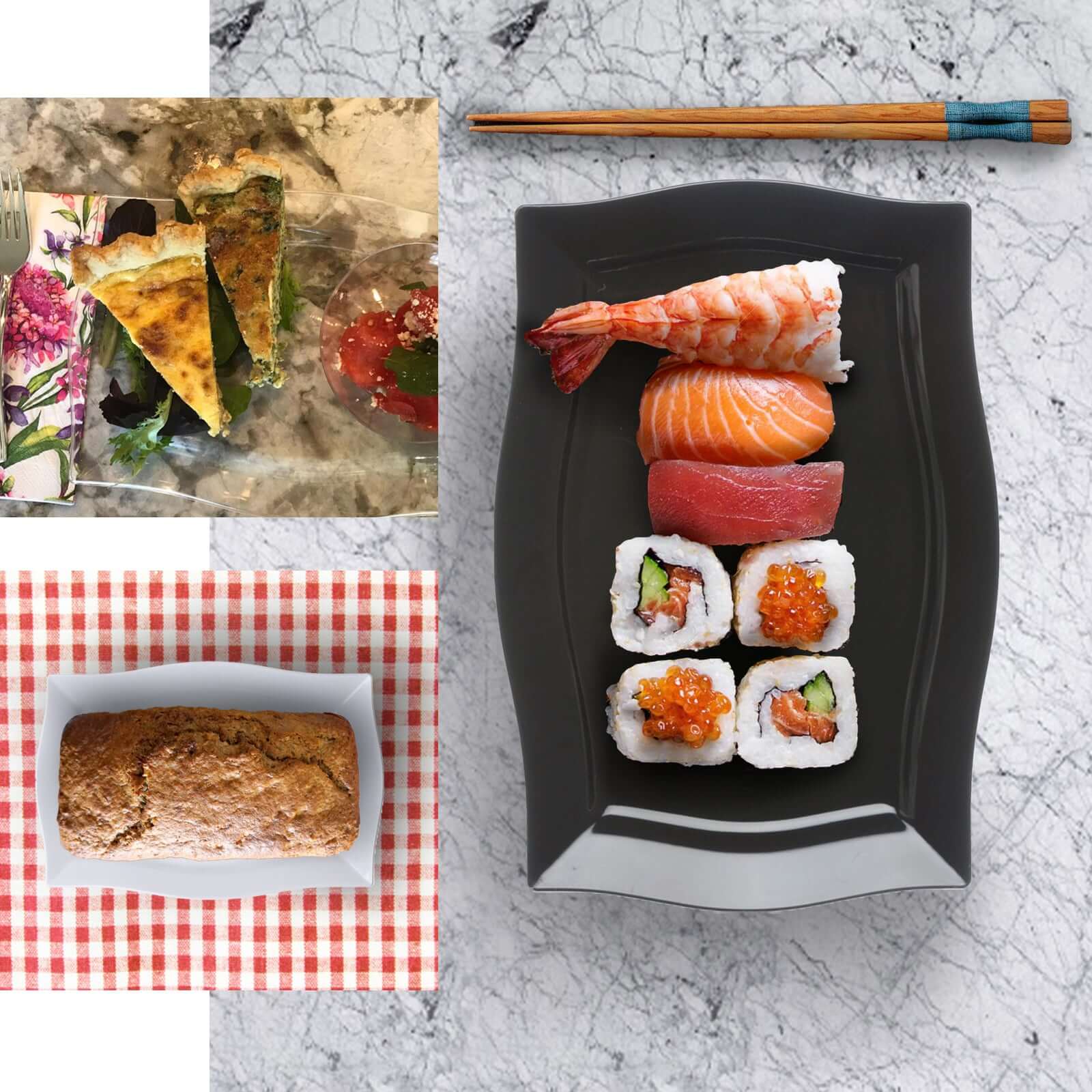 10-Pack Serving Plates Rectangular Design with Wave Trimmed Rim Glossy White - Plastic Disposable Event Plates 12"