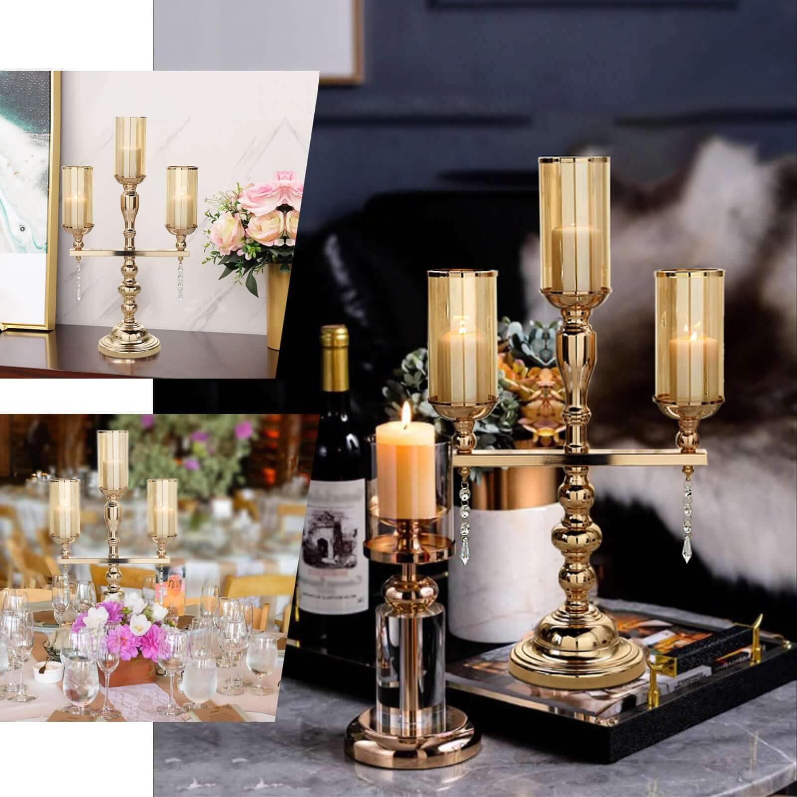 3-Arm Gold Candelabra Metal with Amber Glass Shades - Stylish Table Centerpiece for Gatherings