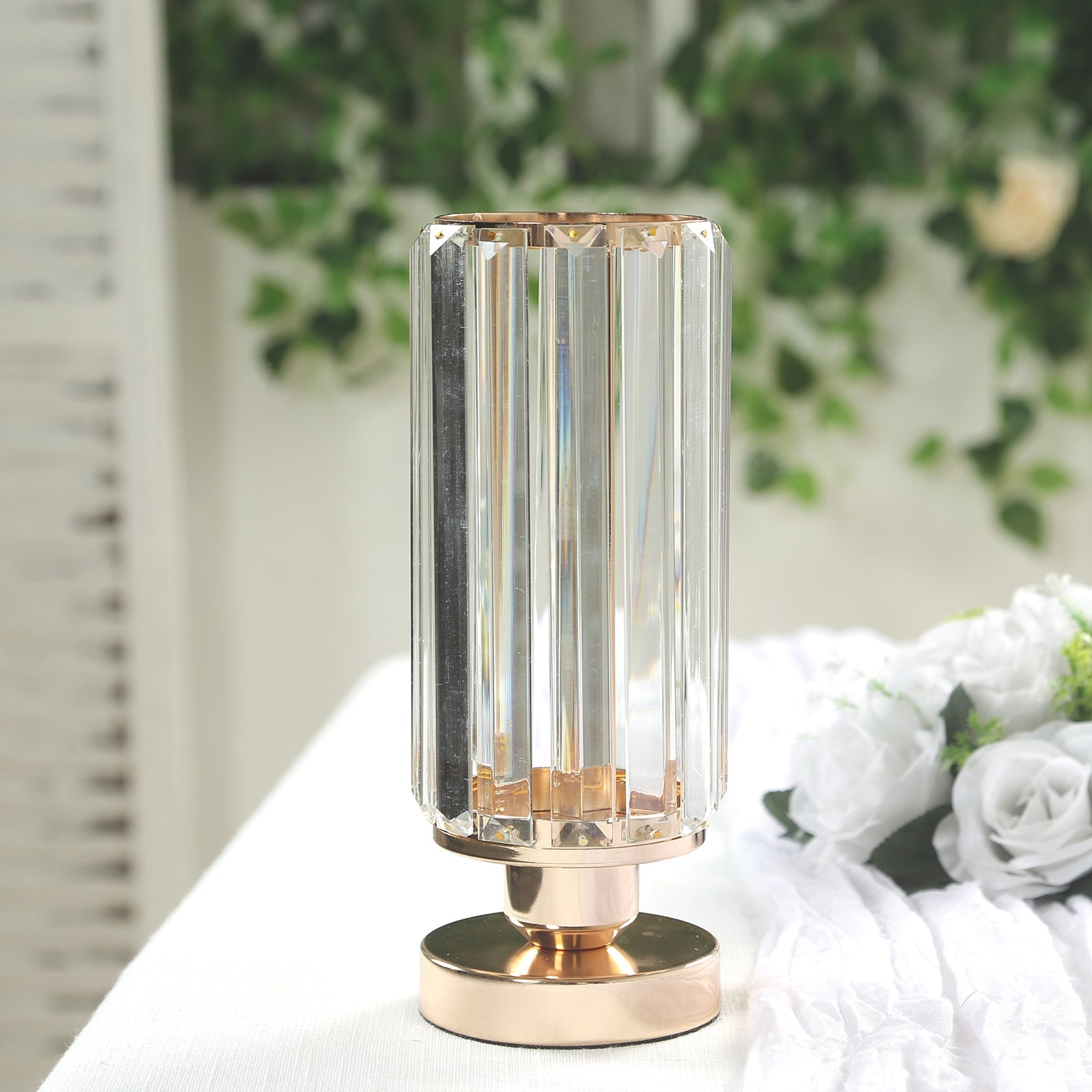 2 Pack 11" Crystal Pendant Hurricane Candle Holders in Gold, Elegant Cylinder Design for Pillar Candles, Short-Stemmed, Decorative Table Centerpieces