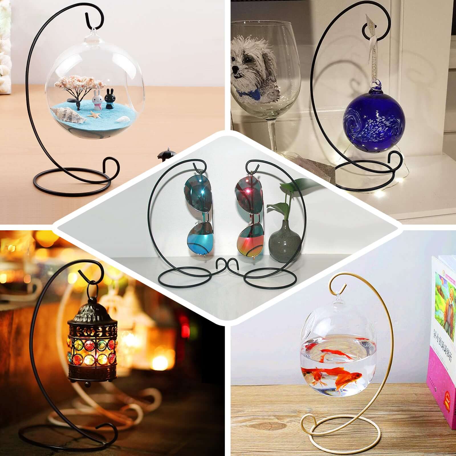 2-Pack Metal Air Plant Terrarium Stand Hanging Ornament Display Holder Gold 10" - Stylish Decor for Tables & Gatherings
