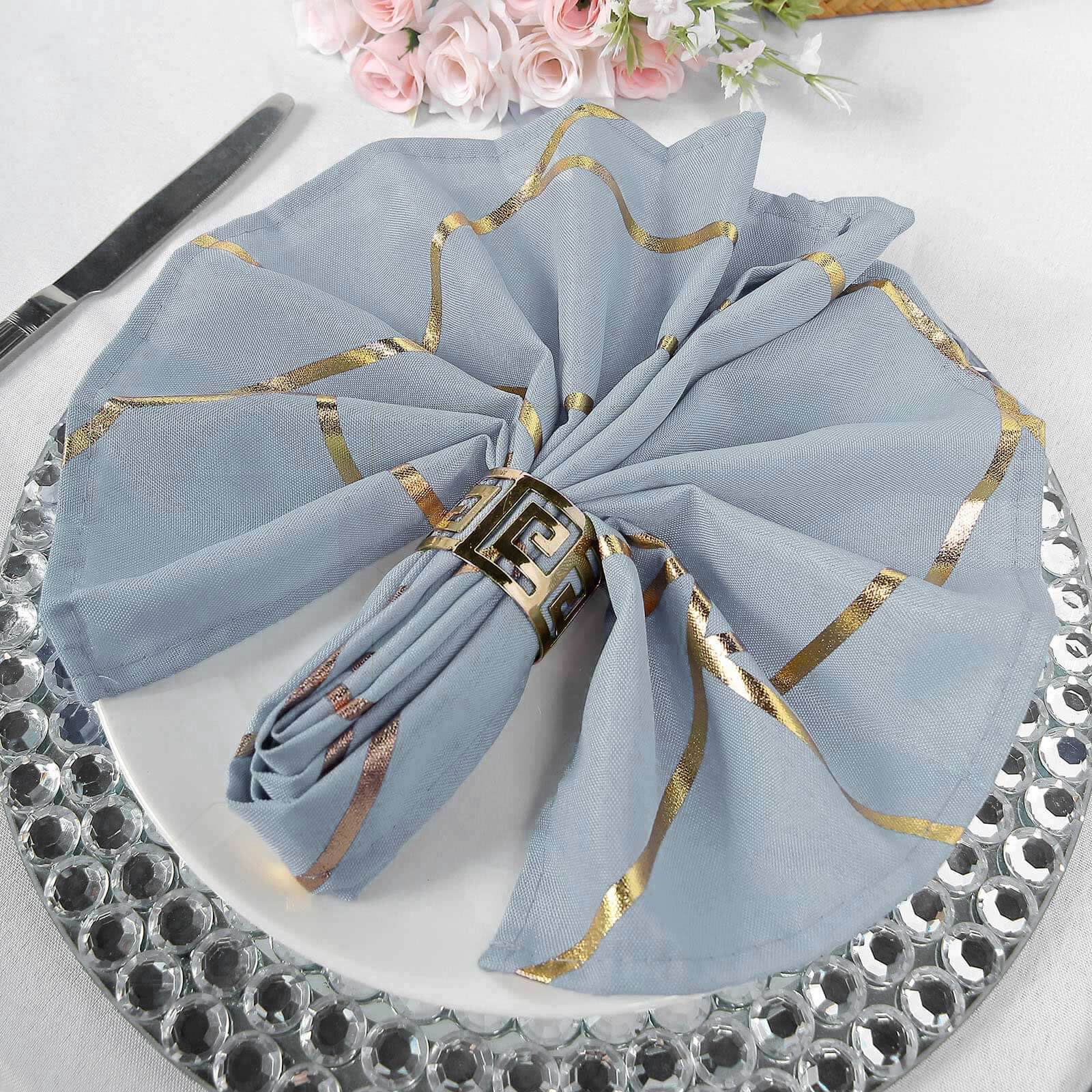 5 Pack Polyester 20"x20" Napkins Dusty Blue with Gold Geometric Foil Pattern - Modern Reusable Dinner Napkins